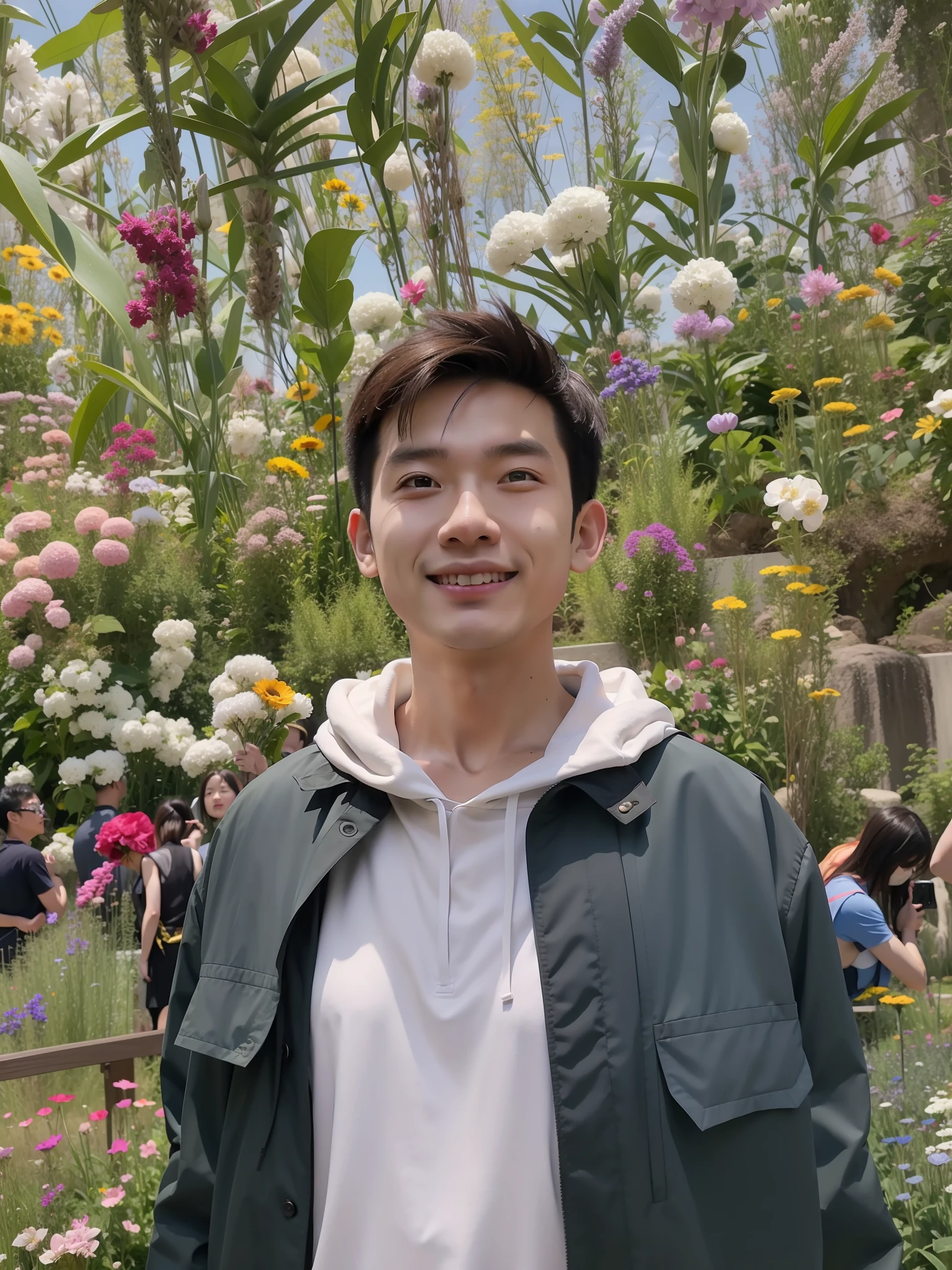 arafed man in a green jacket standing in front of a wall of flowers, standing in a botanical garden, Kim Tae-joon, standing in flower field, antilous chao, standing in flower field, Avatar image, andrew thomas huang, Gemma Chen, michael okuda, With flowers, jeremy cheung, artist arata yokoyama, yanjun cheng