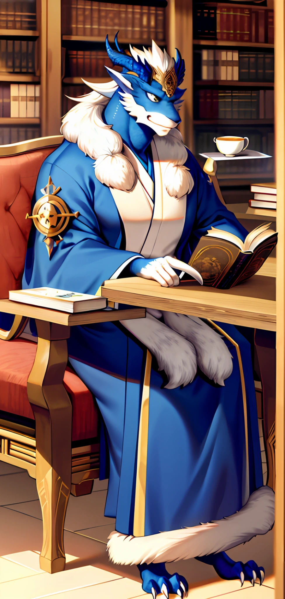 Anthropomorphic dragon males,blue white colors,Furry art,vulva,Wear a wide kimono,Strong muscles,Stout body,Mythological art,In the study,Sit in a chair looking at a book and drink tea