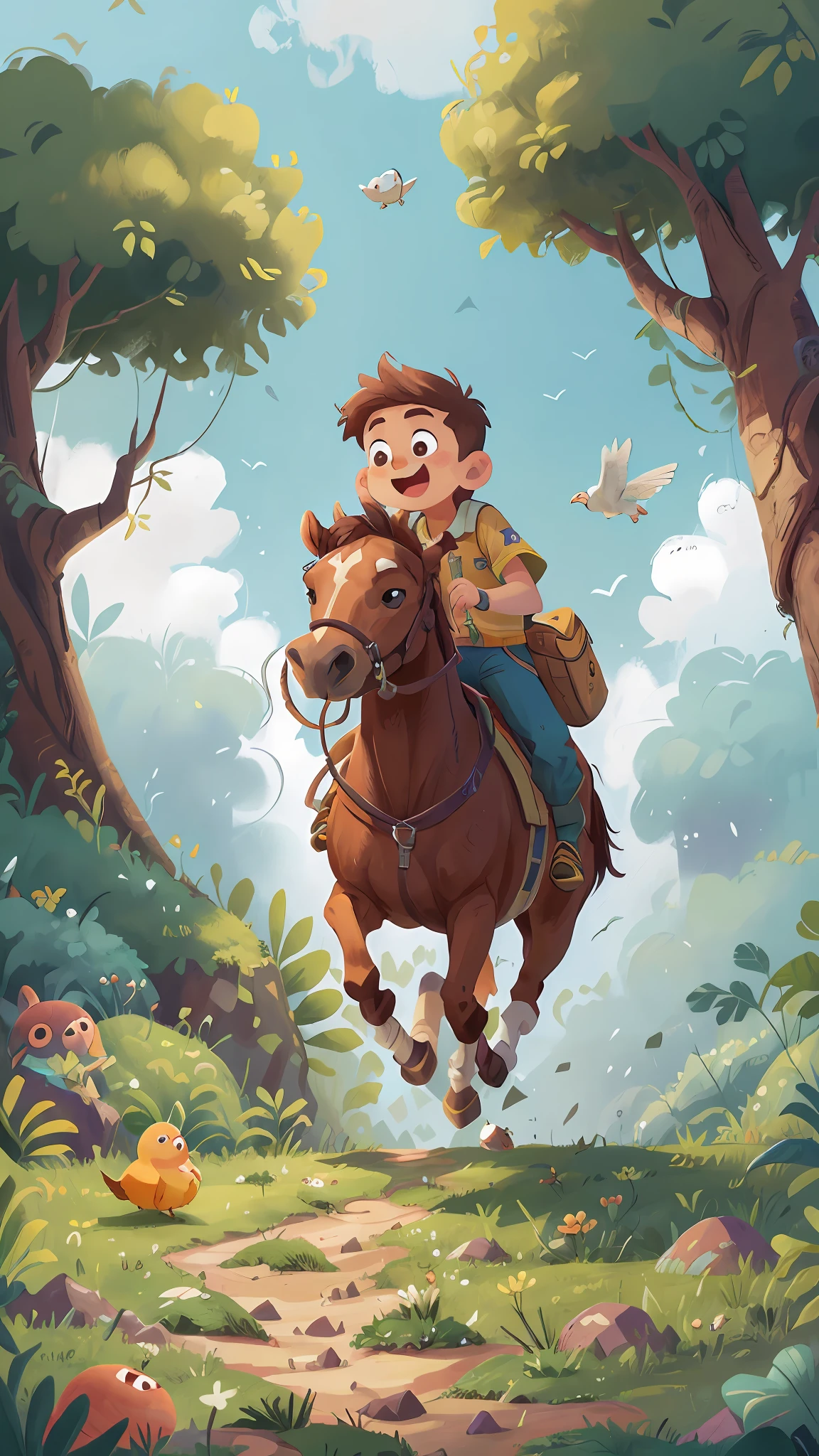 Floresta aberta, (obra-prima desenho de arte, 1 boy aventureiro, happy excitement, destemido olhando para um cavalo encantado alegre ( detailed enhanced animation), chapeu, roupa aventura. Animal( obra-prima detalhado), floresta, birds (realista), luz solar, nuvens, campo aberto.
