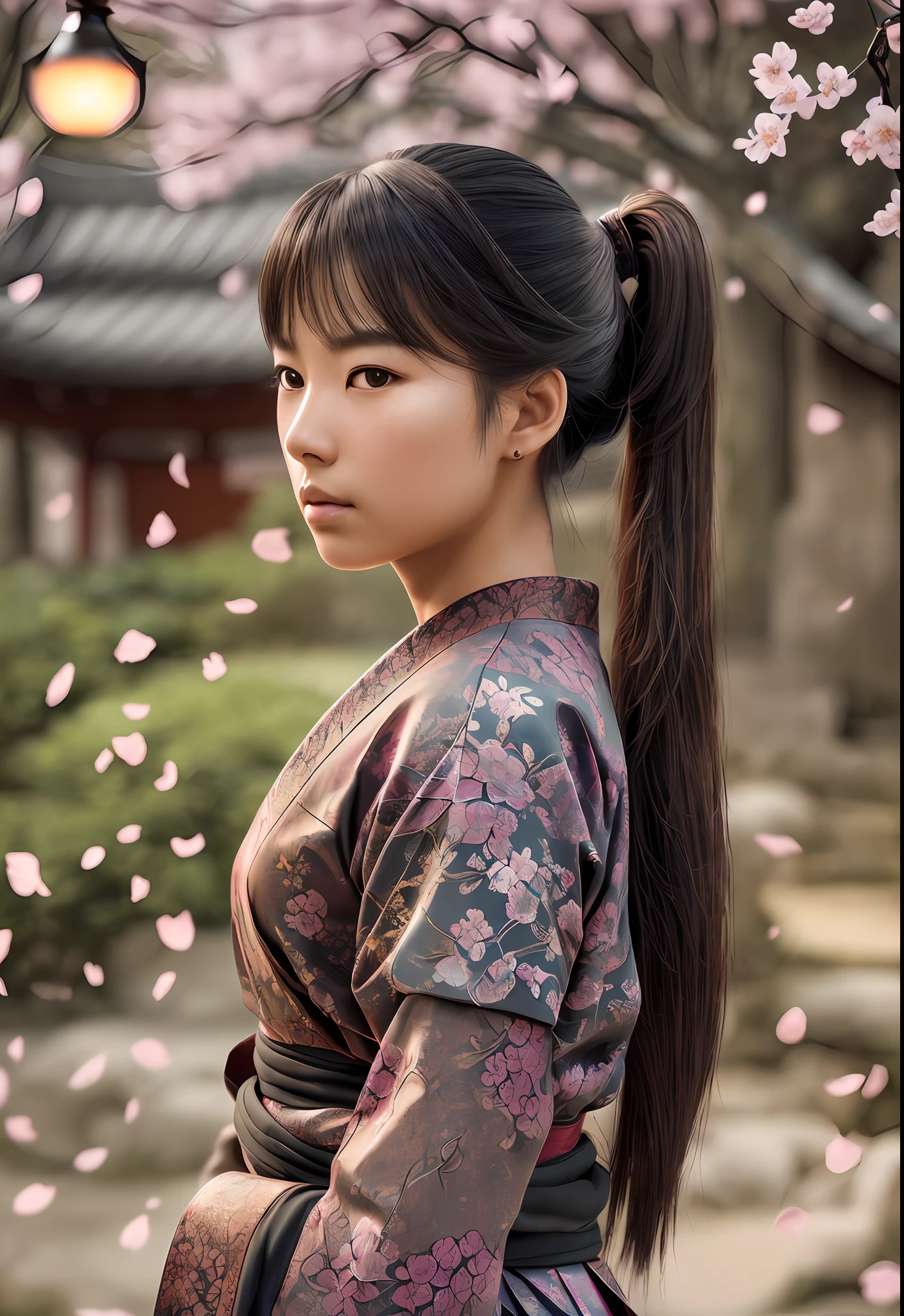 Young Samurai with long black hair and ponytail, wearing samurai armor, standing in a Japanese temple, cherry blossom petals falling, illuminated lanterns, glowing sunrise, tranquil lighting, ethereal lighting, delicate shadows, ((beautiful detailed eyes, symmetrical eyes), dramatic lighting, (photorealism:1.5), (photorealistic:1.4), (8k, RAW photo, masterpiece), High detail RAW color photo, a professional photo, realistic, (highest quality), (best shadow), (best illustration), ultra high resolution, highly detailed CG unified 8K wallpapers, physics-based rendering, photo, realistic, realism, high contrast, hyperrealism, photography, f1.6 lens, rich colors, hyper-realistic lifelike texture, cinestill 800) --auto --s2