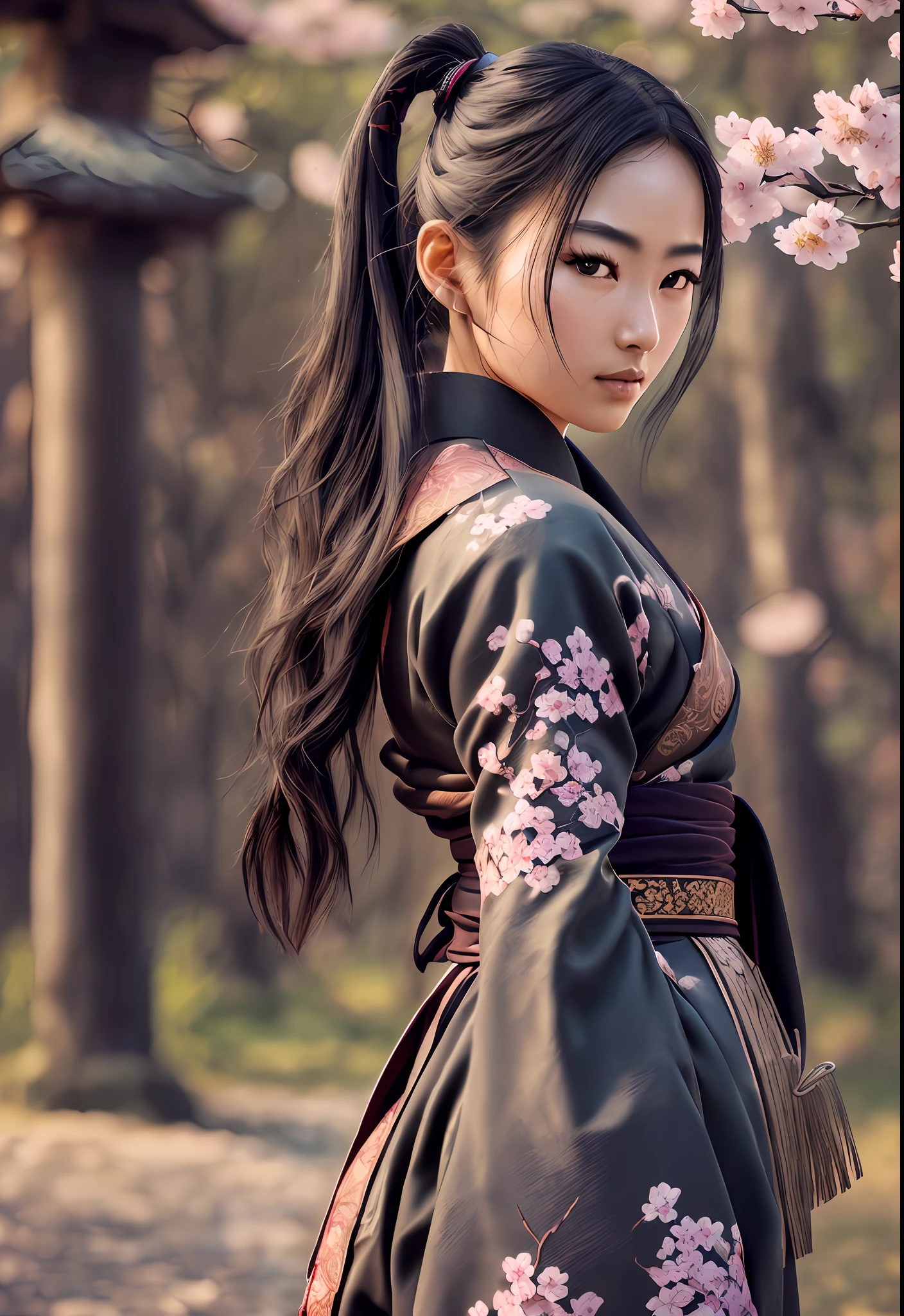 Young Samurai with long black hair and ponytail, wearing samurai armor, standing in a Japanese temple, cherry blossom petals falling, illuminated lanterns, glowing sunrise, tranquil lighting, ethereal lighting, delicate shadows, ((beautiful detailed eyes, symmetrical eyes), dramatic lighting, (photorealism:1.5), (photorealistic:1.4), (8k, RAW photo, masterpiece), High detail RAW color photo, a professional photo, realistic, (highest quality), (best shadow), (best illustration), ultra high resolution, highly detailed CG unified 8K wallpapers, physics-based rendering, photo, realistic, realism, high contrast, hyperrealism, photography, f1.6 lens, rich colors, hyper-realistic lifelike texture, cinestill 800) --auto --s2