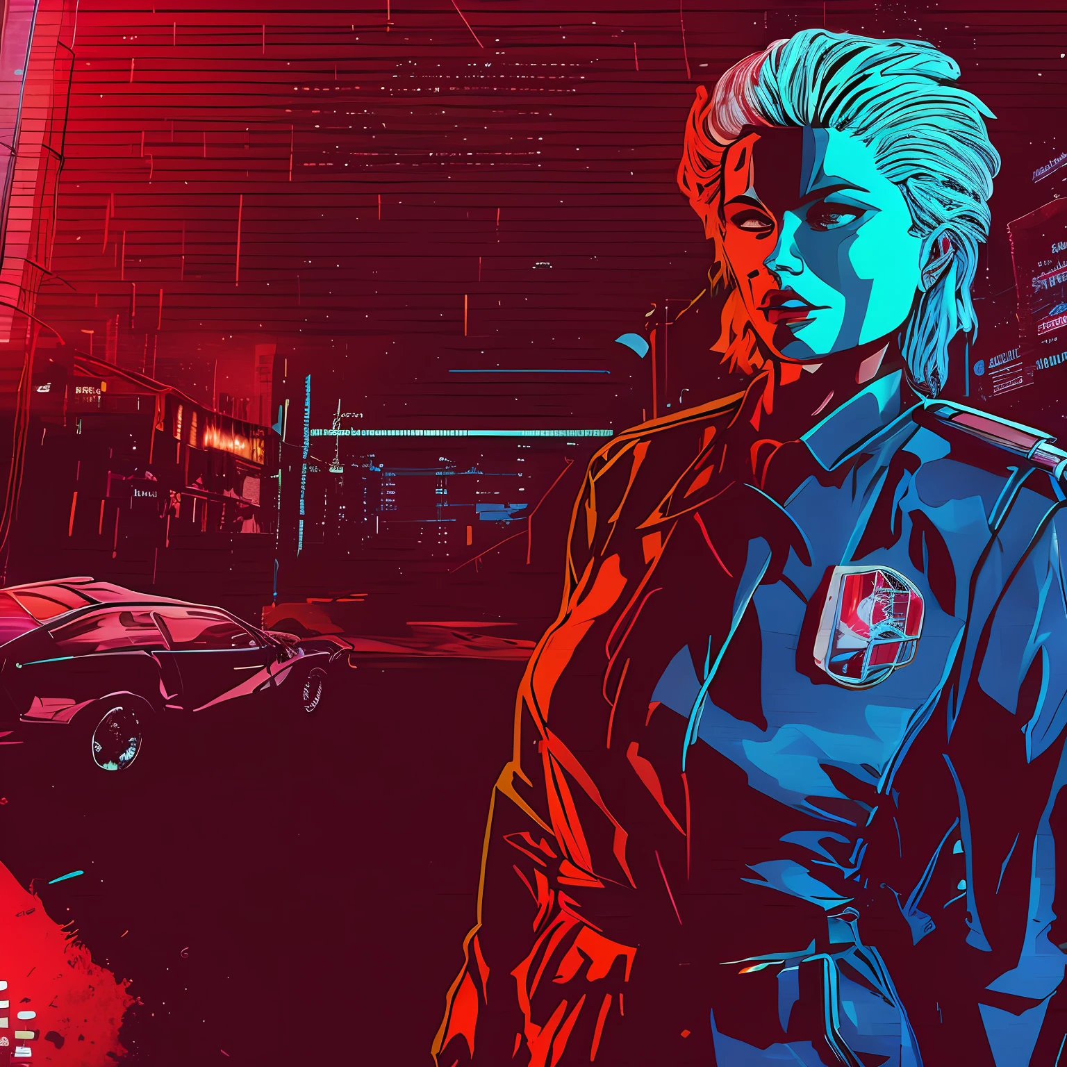 a close up of a person standing in a city with a car, estilo de arte synthwave ]!!, estilo de arte cyberpunk, [ estilo de arte synthwave ]!! ]!!, [ estilo de arte synthwave ]!!, estilo de arte synthwave, arte synthwave, arte digital synthwave, soviet style cyberpunk, no estilo cyberpunk, estilo de arte cyberpunk --auto