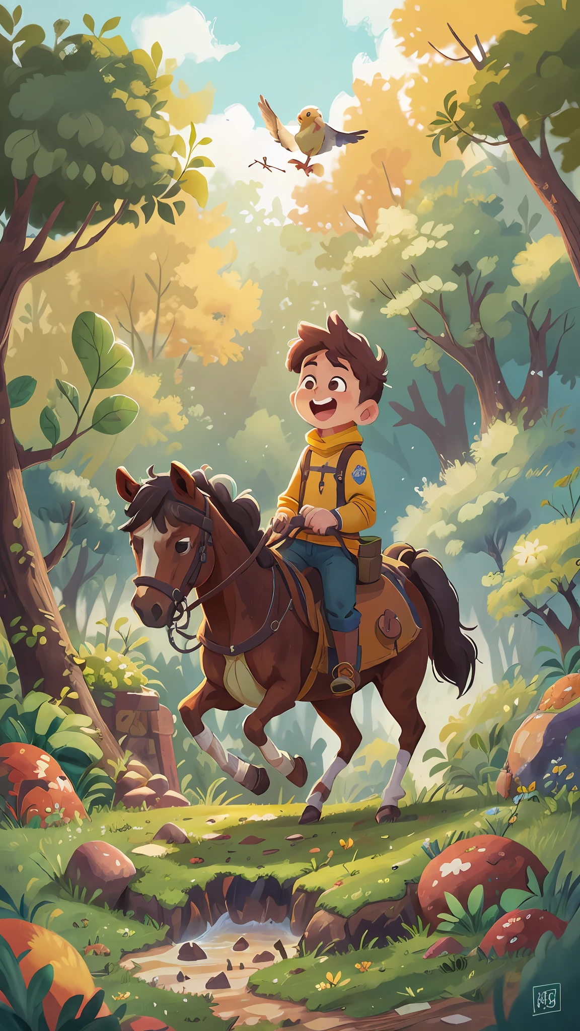 Floresta aberta, (obra-prima desenho de arte, 1 boy aventureiro, happy excitement, destemido olhando para um cavalo encantado alegre ( detailed enhanced animation), roupa aventura. Animal( obra-prima detalhado), floresta, birds (realista), luz solar, nuvens, campo aberto.