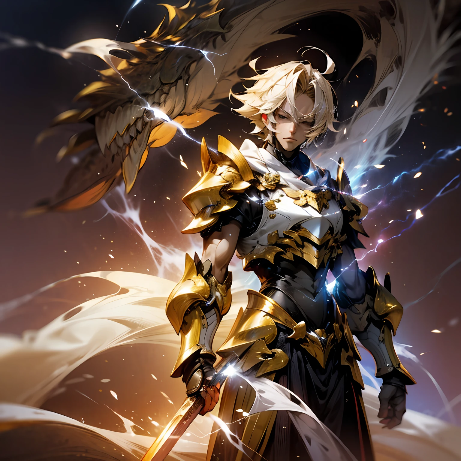 style of anime,a adult man,with short golden hair,Wearing armor,Wearing an electric arc,A dragon turned into lightning rose from behind,Slender fingers,Such a delicate and perfect look。