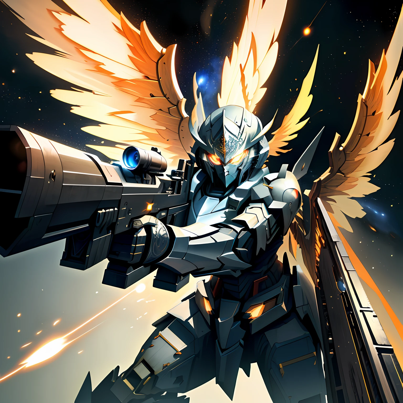 (masterpiece, best quality:1.3),extremely high detailed, intricate, 8k, HDR, wallpaper, cinematic lighting, (universe:1.4),gun,(shooting position:1.3), glowing, armor, glowing eyes, mecha, large wings,