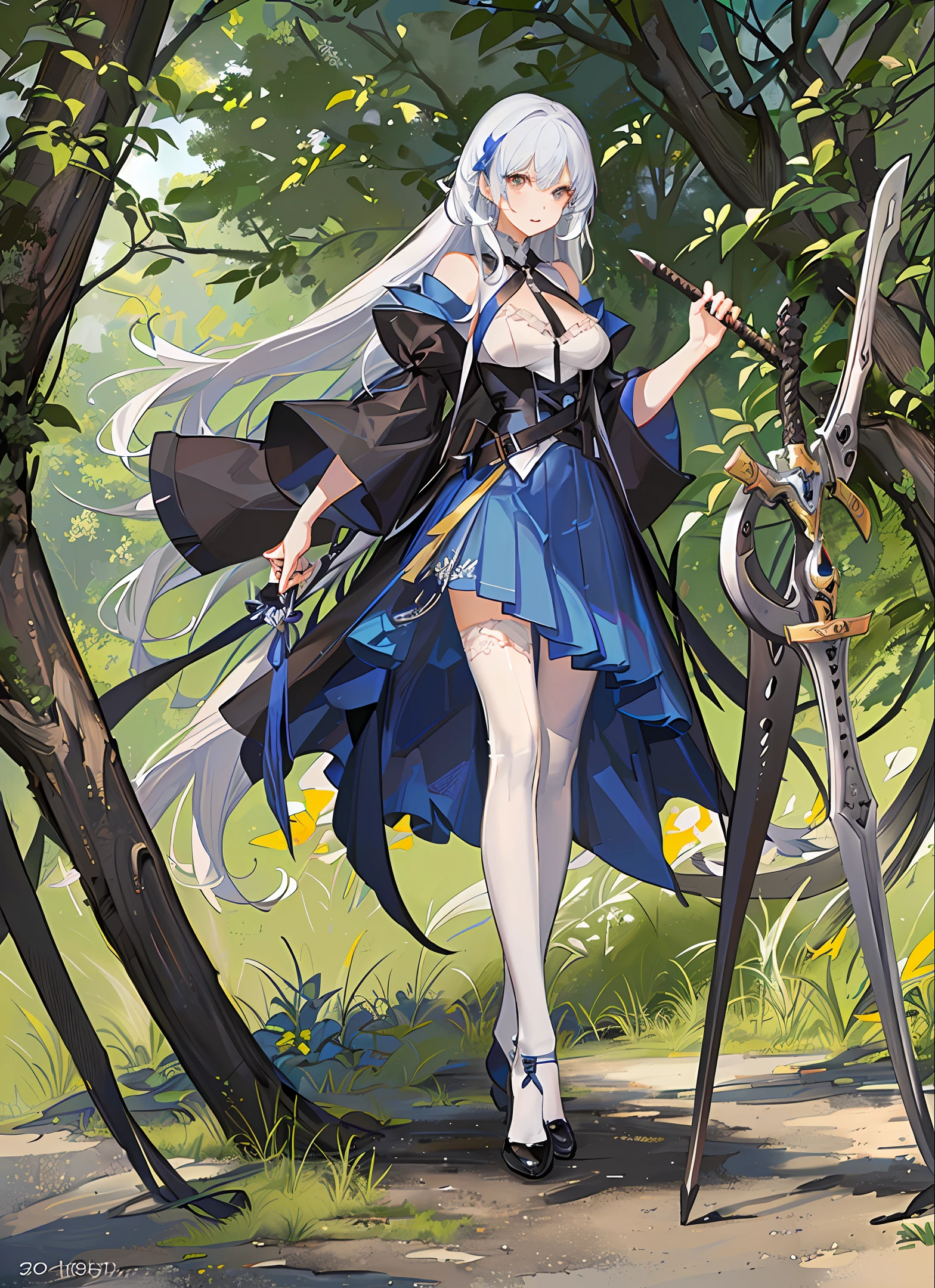 white color hair,The clothes ar,long skirt,White silk on the left hand
Black right leg stockings,High climbing shoes,Holding a blue sword
Large breasts