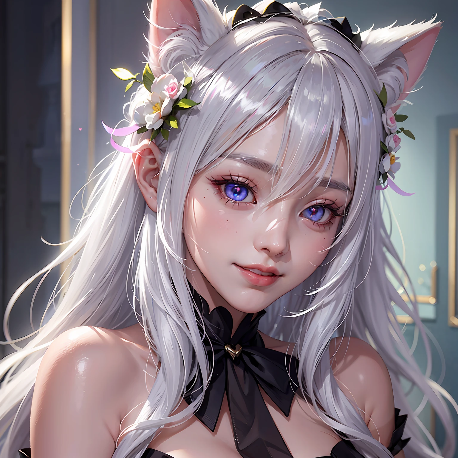 silver hair, ahoge, short hair, straight hair, hair ribbon, ribbon, heterochromia, covering ears, tsundere, yandere, anime style, ray tracing, sparkle, god rays, three sided view, UHD, high details --auto