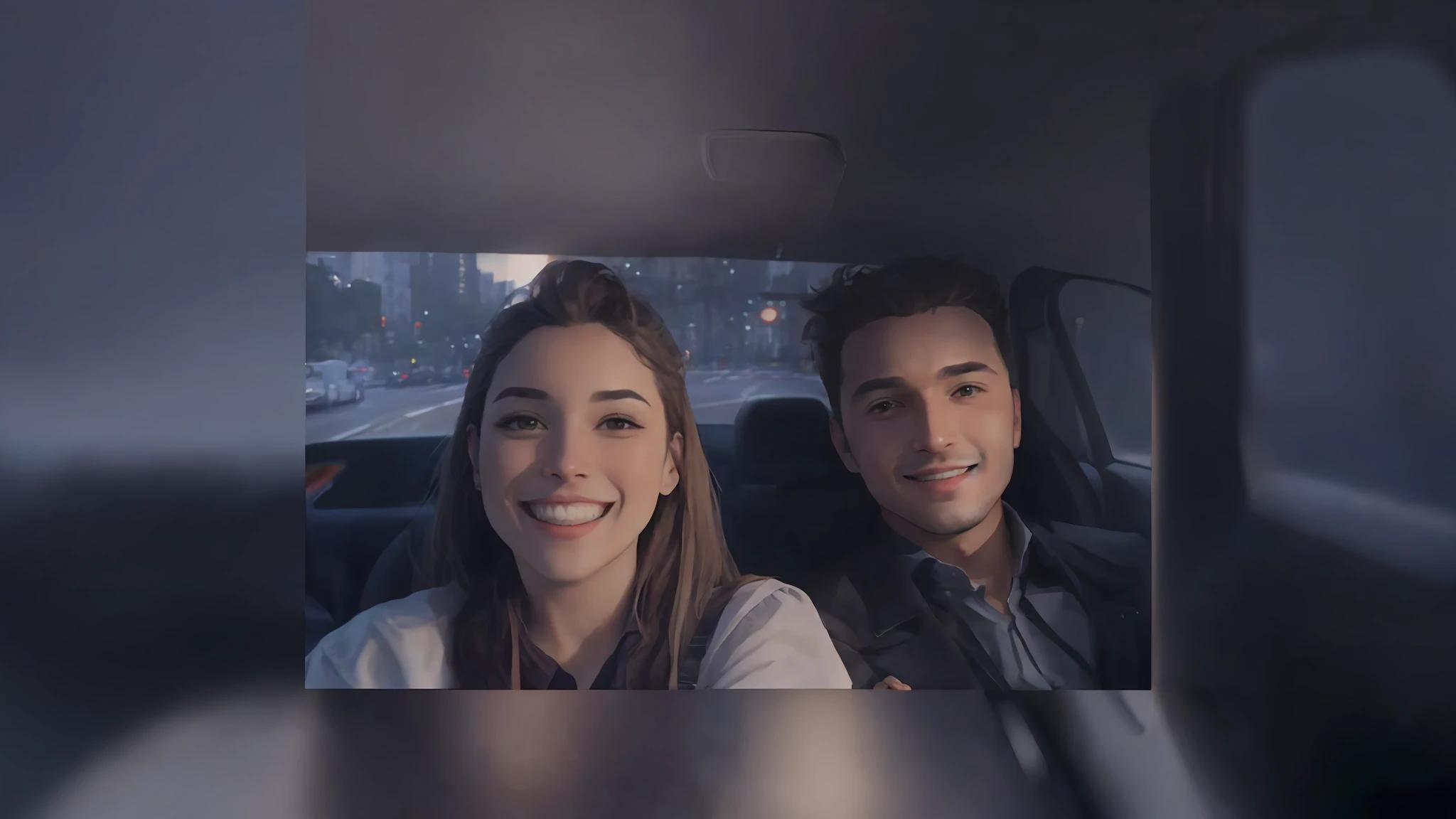 There are two people sitting in a car and two are smiling, instagram story, carpool karaoke, Imagens granuladas, belos arredores, Filmagens de baixa qualidade, foto do snapchat, foto de perfil, foto do instagram, filmagens noturnas, foto do perfil, Imagens desfocadas, suave em _ O pano de fundo, foto do instagram, Viagem, video still, television show, low quality video, instagram post, garoto,garota