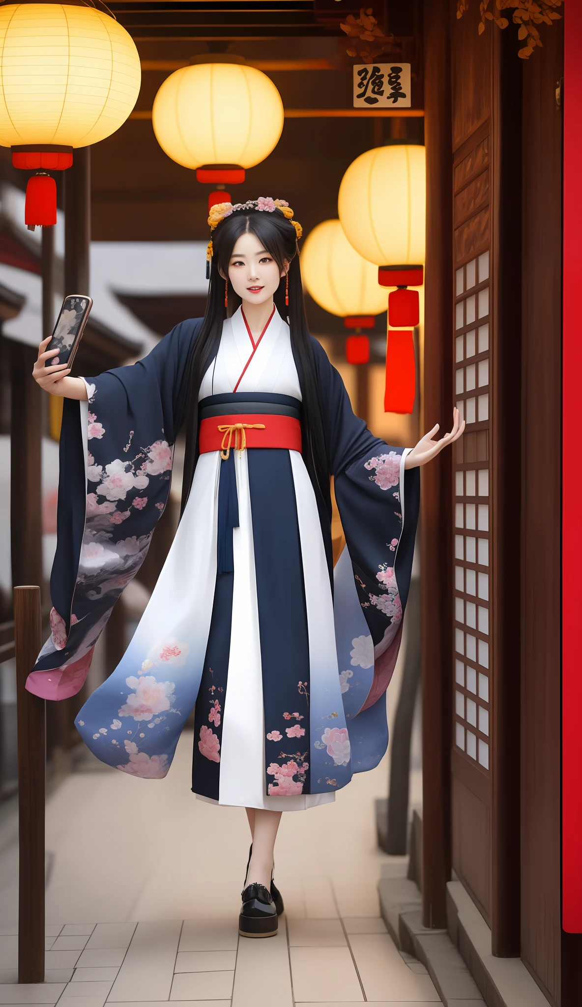 there is a picture of a woman in a dress and a cell phone, rock, dreamy rock girl, japan grungerock from colors, hanfu, sun-ken rock, rock n roll, with acient chinese clothes, official store photo, frock, inspired by Shin Yun-bok, rock star, hakama kimono, hanbok, japanese clothes