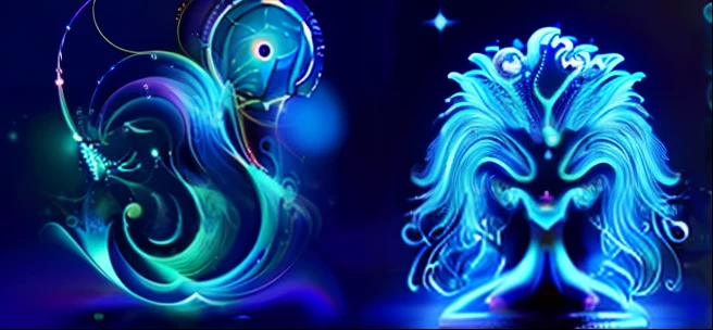 two zodiac signs with a woman and a man in the middle, swirling bioluminescent energy, Gemini, AQUARIUS, Sirius A e Sirius B, beautiful gemini good and evil, cosmic energy wires, Wisps luminescentes, Peixes, swirling water cosmos, unknown zodiac sign, Directed by: Meredith Dillman, nubela cintilante e espiral, astral patterns