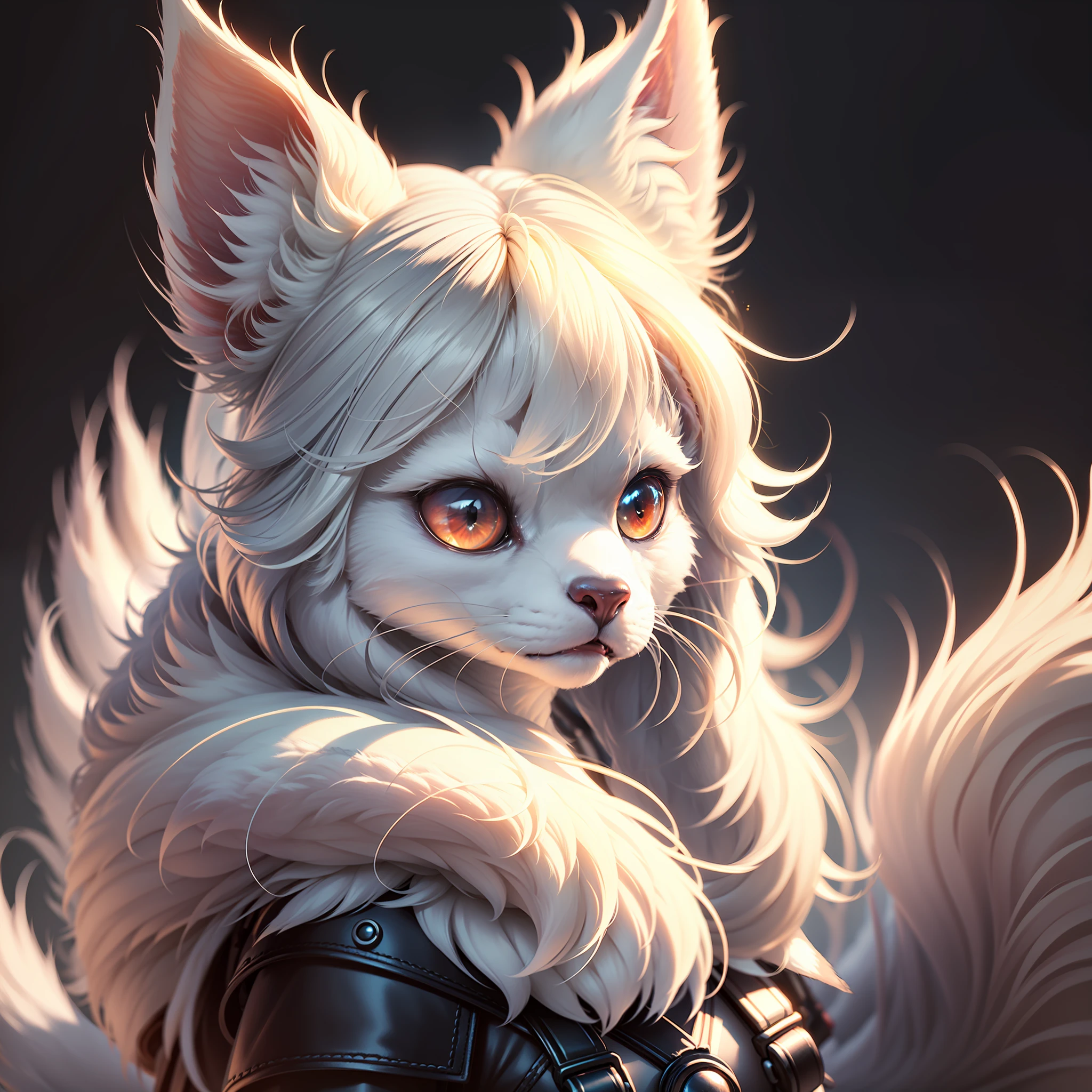 furry, white fur, ultra cute face, red elements on fur, beautiful lights and shadows, ambient light, ultra detailed fur, volumetric light