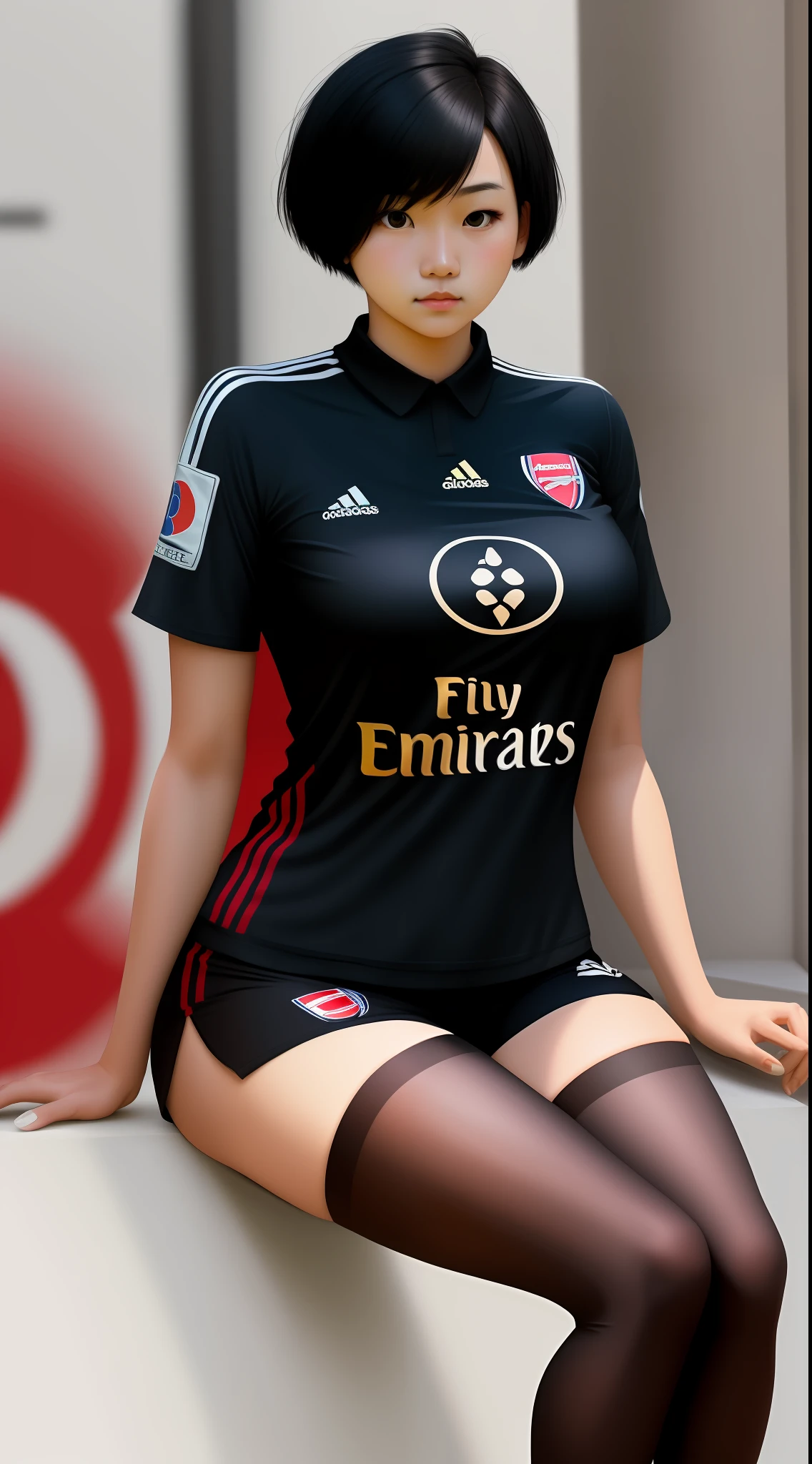 A girl with short black hair wearing an Arsenal shirt,The bust is huge,Korean face,Wearing black stockings