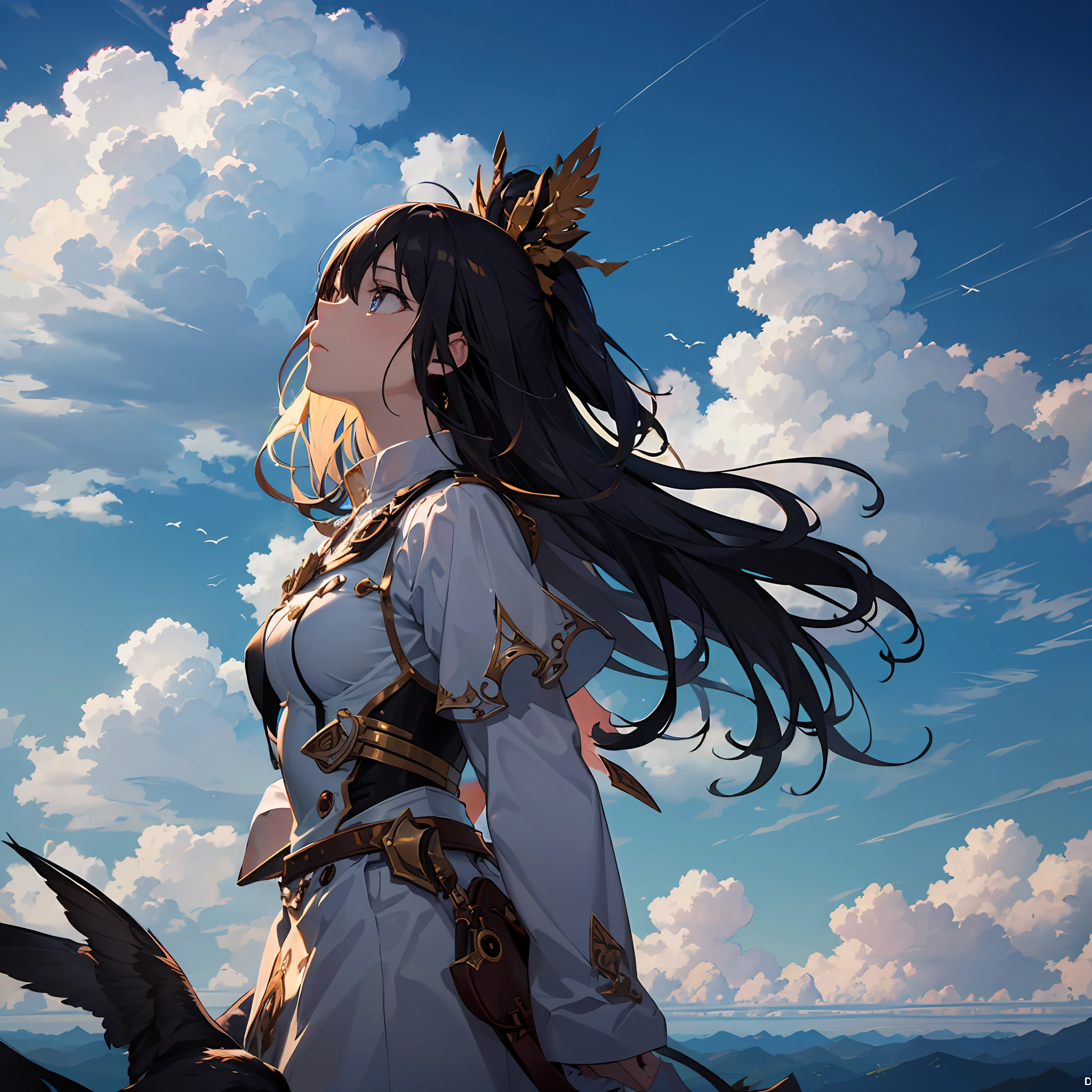 absurdres, highres, (official art, beautiful and aesthetic:1.2), close view,
shining sky, vast world, girl, gazing, awe-inspiring expression, distant horizon, clouds, high hill, natural beauty, inspiration, light effects, --auto