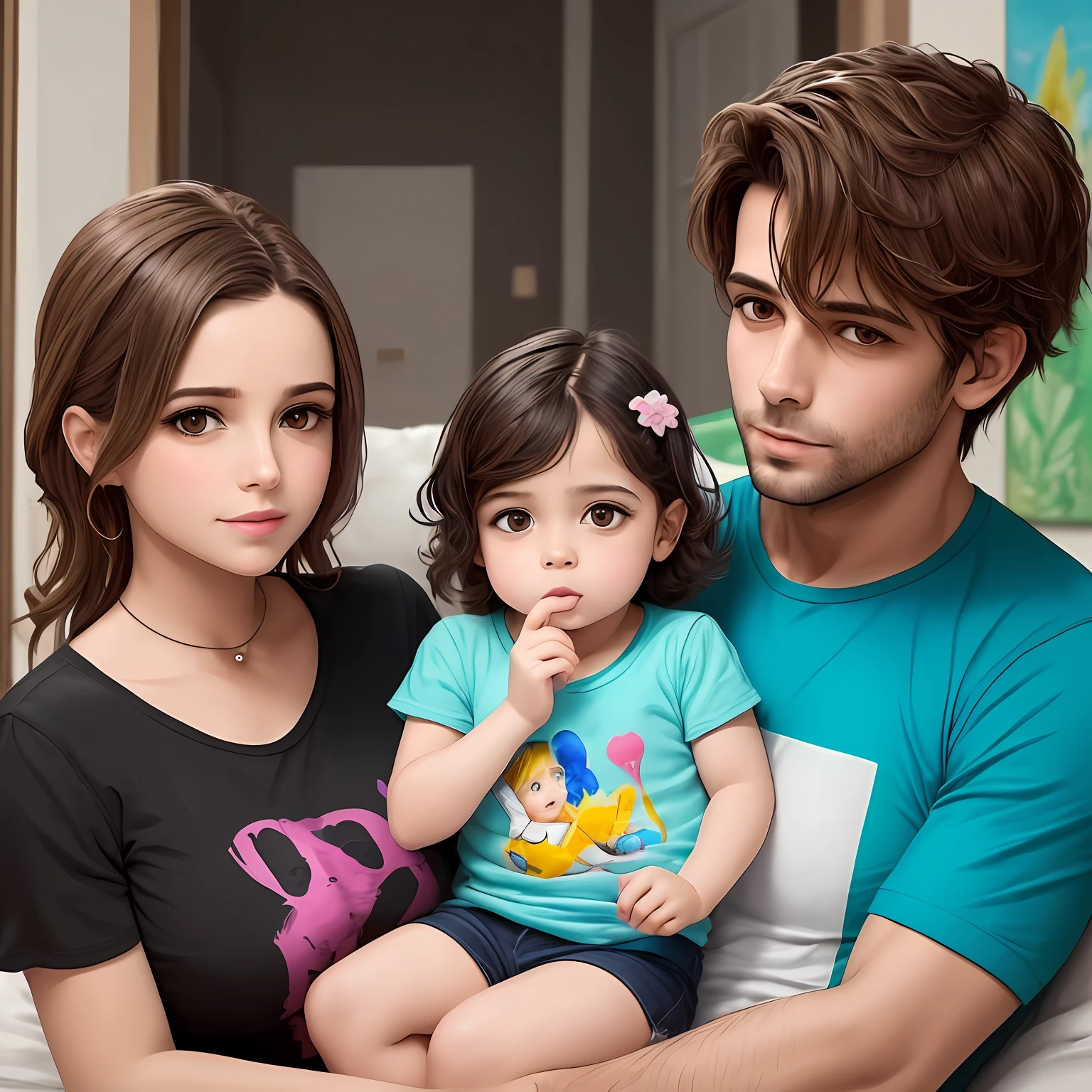 um casal com dois filhos uma pequena e um garoto de quatro anos de idade em pintura a oleo --auto