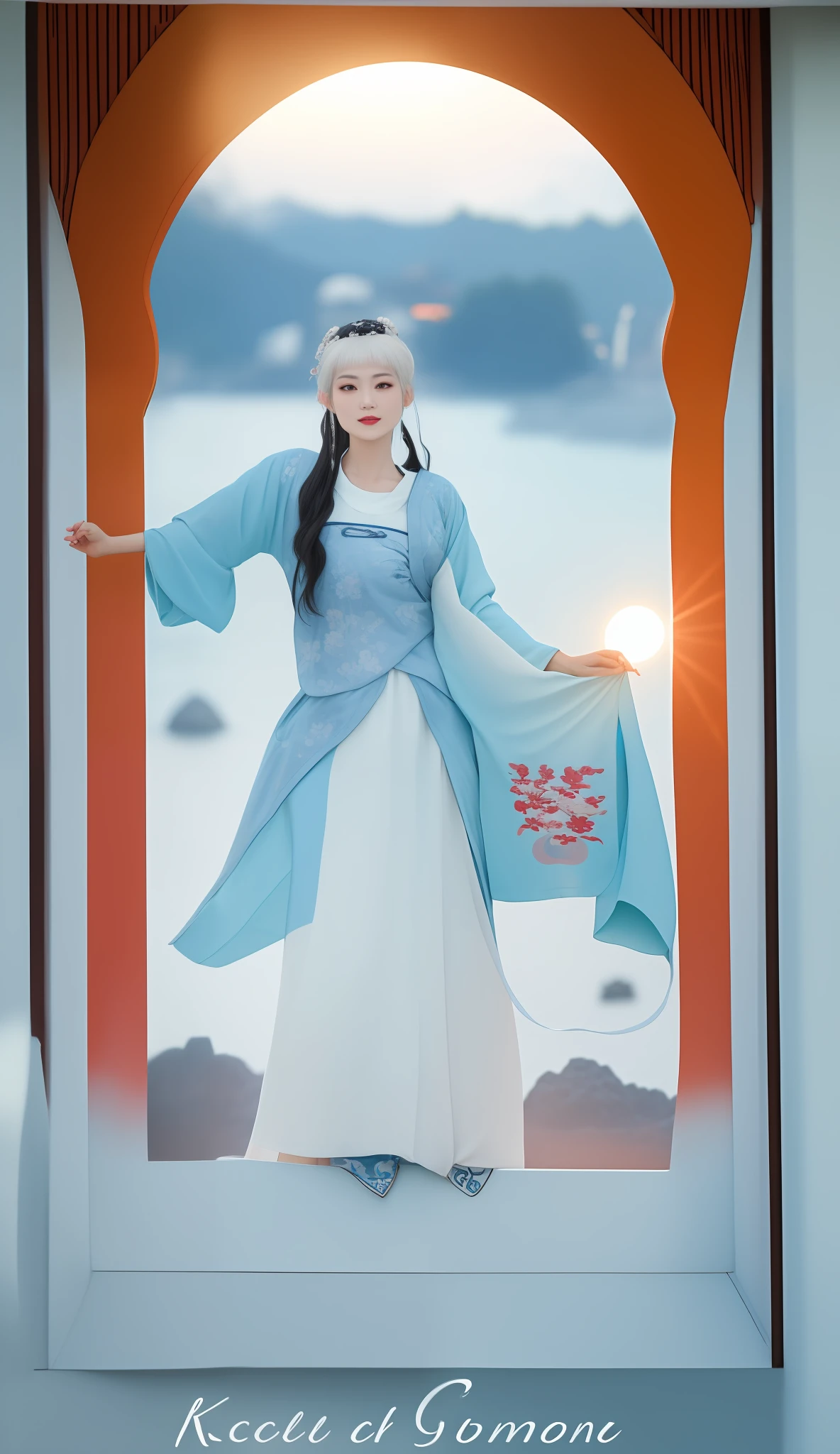 there is a picture of a woman in a dress and a cell phone, rock, dreamy rock girl, japan grungerock from colors, hanfu, sun-ken rock, rock n roll, with acient chinese clothes, official store photo, frock, inspired by Shin Yun-bok, rock star, hakama kimono, hanbok, japanese clothes