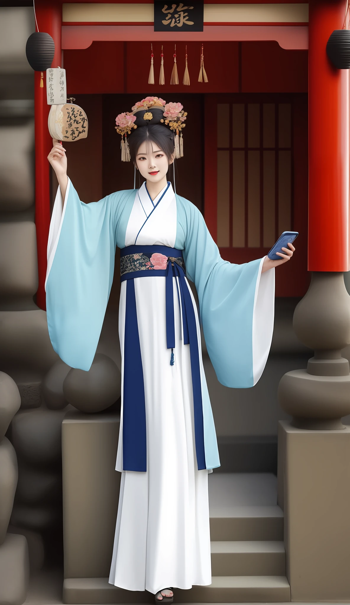 there is a picture of a woman in a dress and a cell phone, rock, dreamy rock girl, japan grungerock from colors, hanfu, sun-ken rock, rock n roll, with acient chinese clothes, official store photo, frock, inspired by Shin Yun-bok, rock star, hakama kimono, hanbok, japanese clothes
