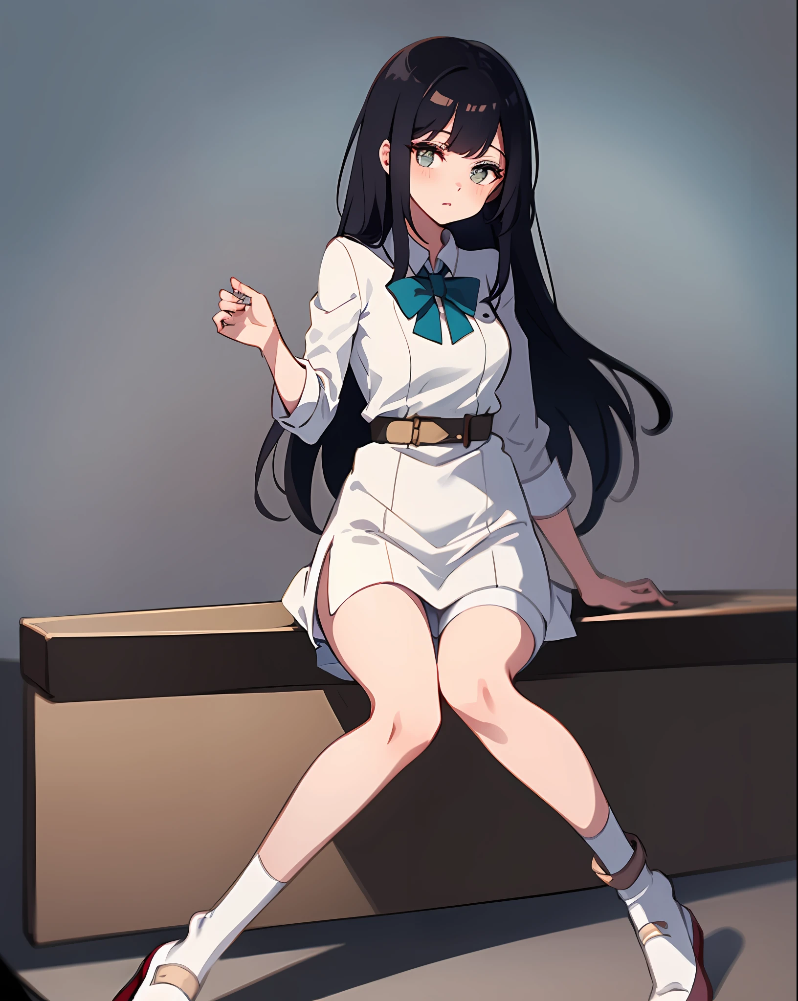 Kizi,White dress,whitestocking,Short socks,sitted,Lift the skirt