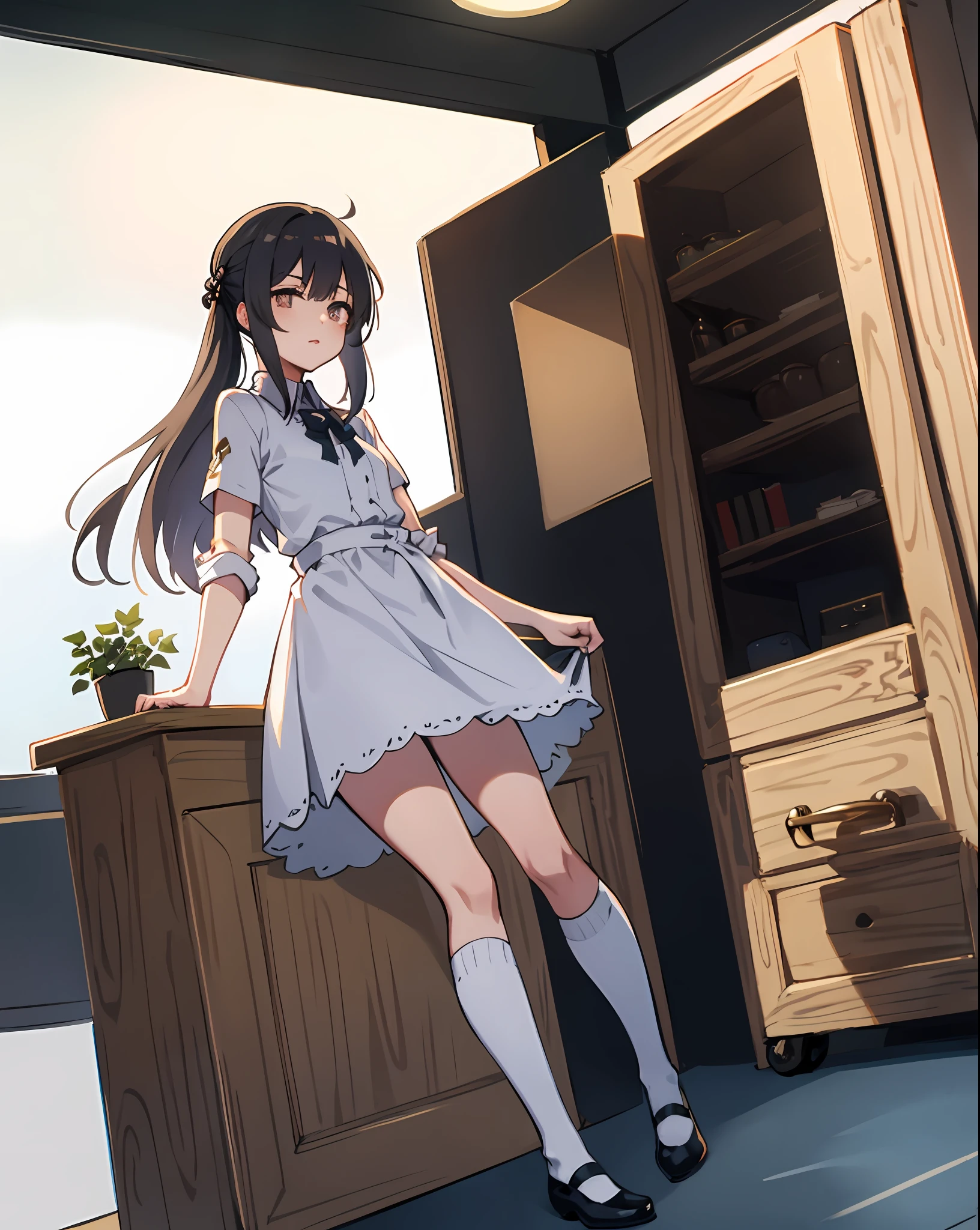 Kizi,White dress,whitestocking,Short socks,sitted,Lift the skirt