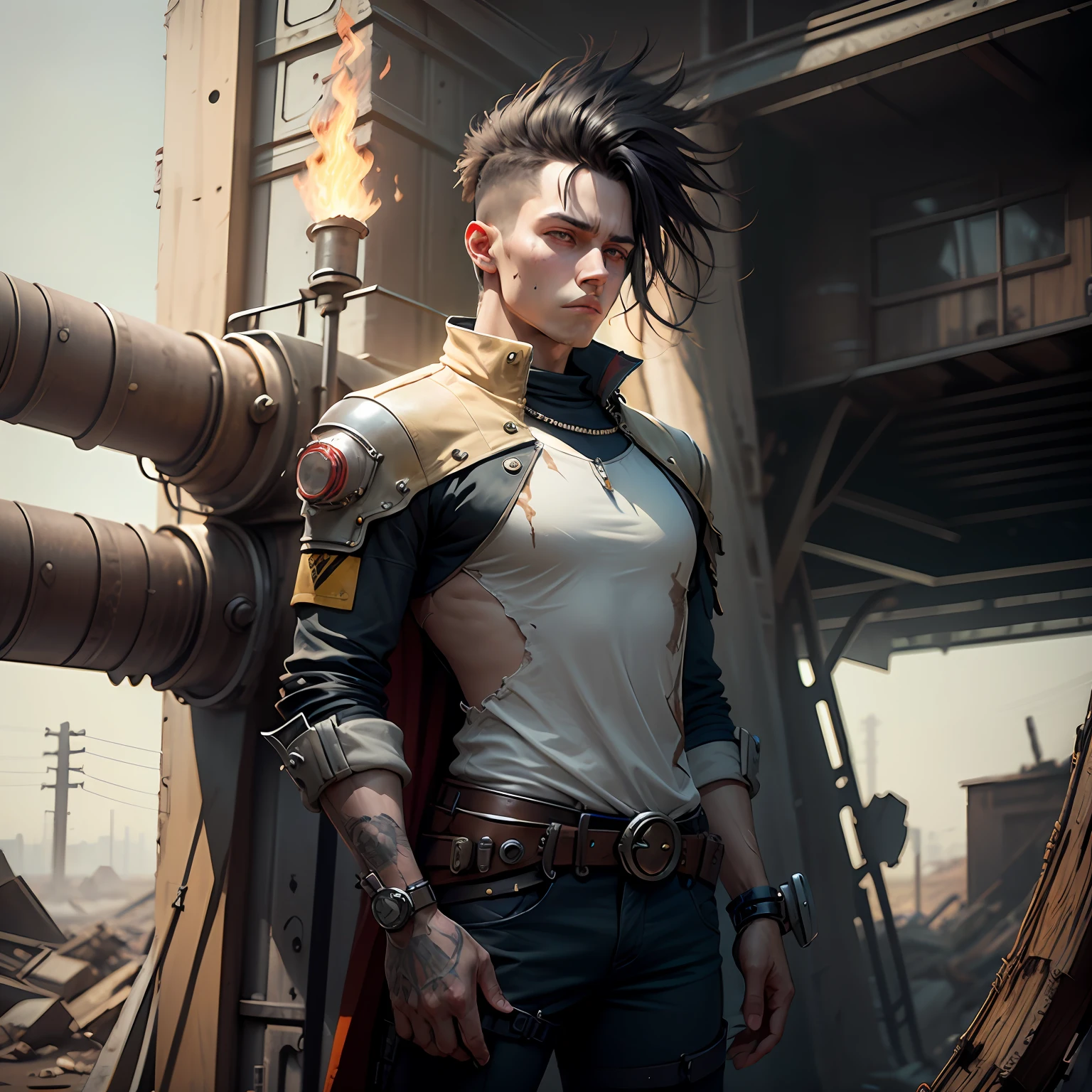mtu，youth，black-hair，Wasteland，cyber-punk，handsome，robust，Stand head-on，Armed with a fire axe --auto