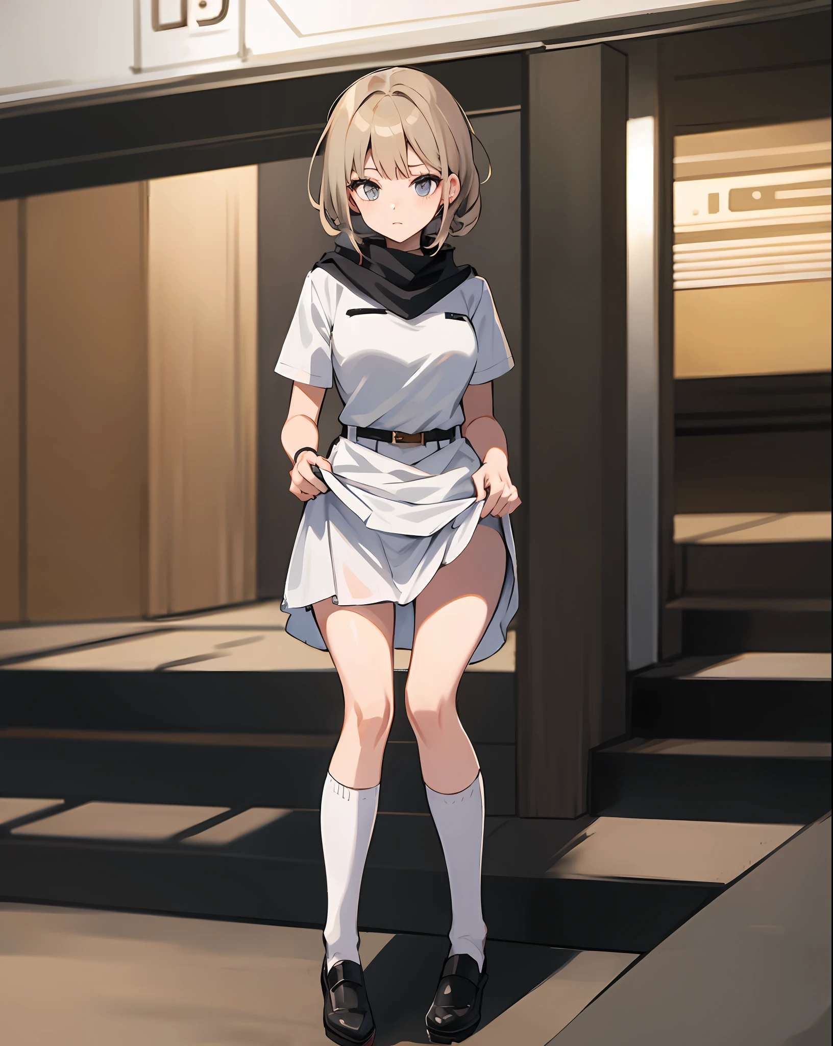 Kizi,White dress,whitestocking,Short socks,sitted,Lift the skirt