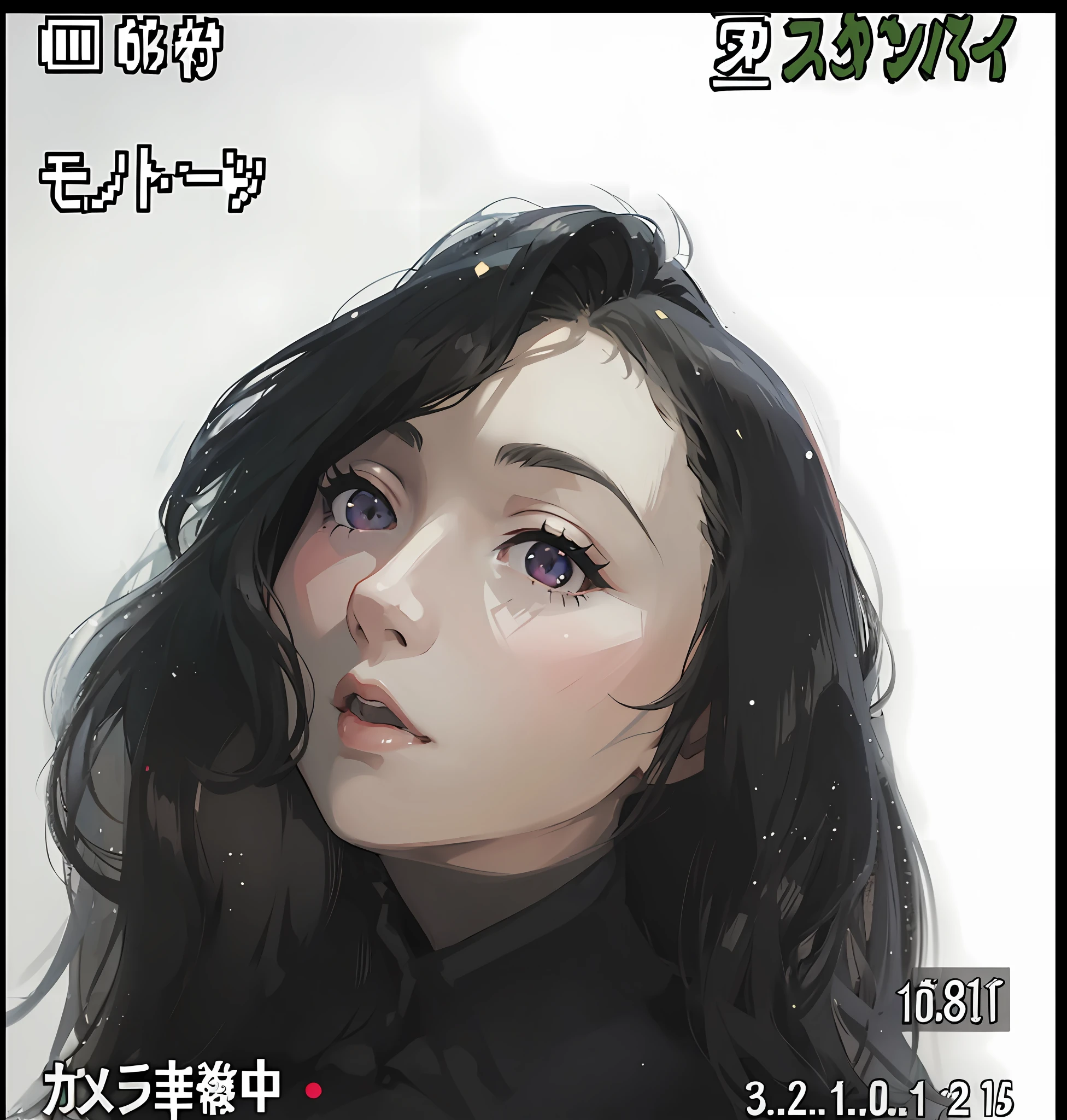 there is a woman with long black hair and a white shirt, Yoshitomo Nara, chiho, komono, [32k hd]^10, 8k selfie photograph, She is facing the camera, Middle Metaverse, she is about 1 6 