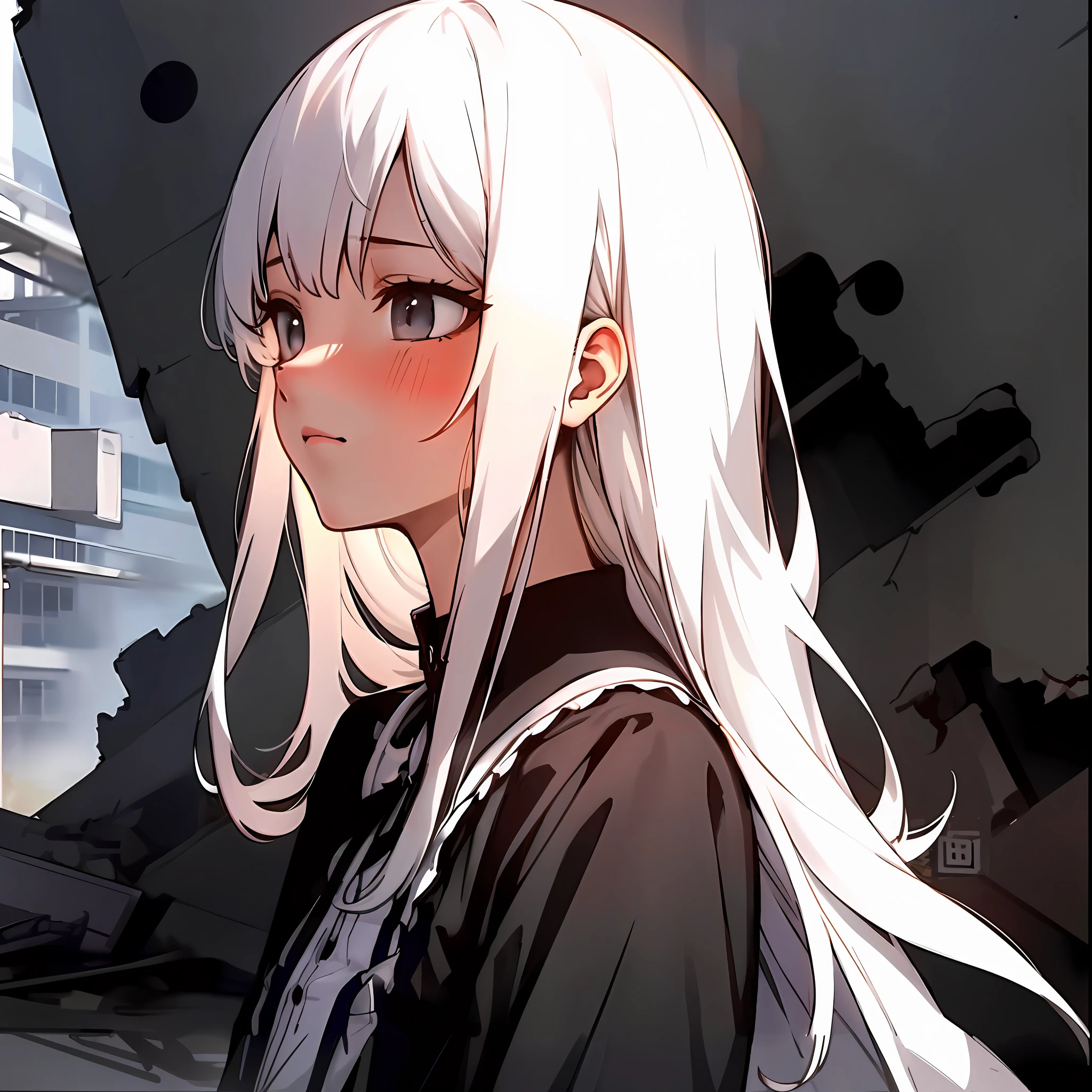 (Halfbody anime girl)+(Long gray hair+Black Shirt:1.1),(Precision and delicateness+Collection style+Perfect white haired girl)
