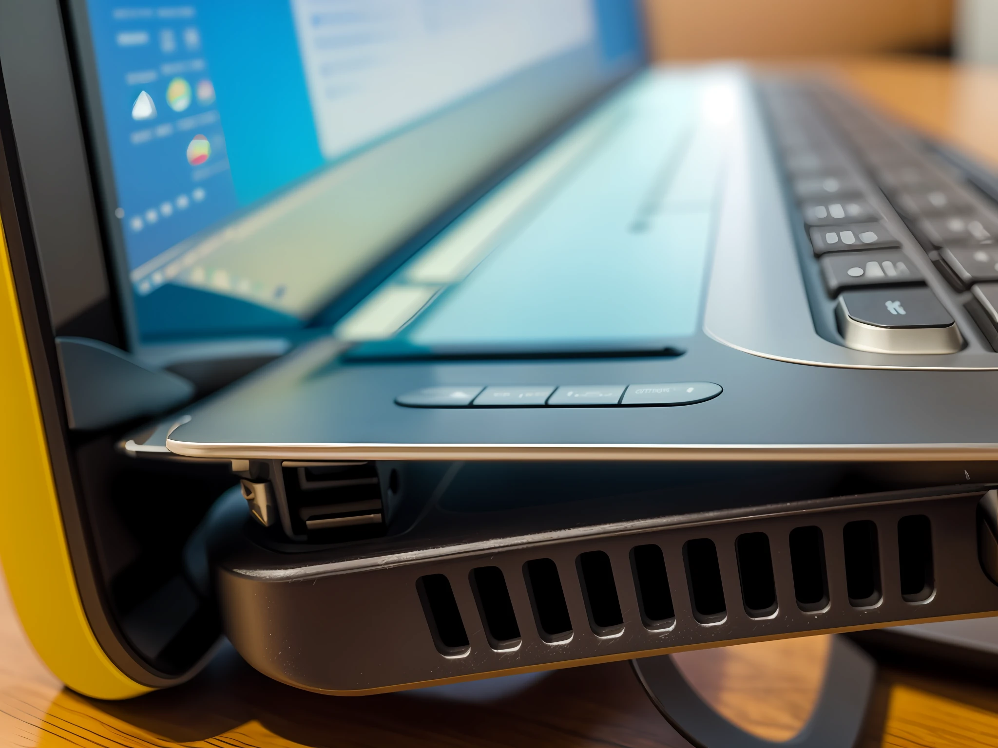 There is a portable computer that is connected to a charger, bottom angle, Broken laptop screen, imagem de Webcam danificada, profile close-up view, Vista lateral centralizada, mid closeup, tiro de close-up, close up tiro do lado, close up angle, Foto O Closeup, Frente cheia, cintura - tiro, muito perto - tiro acima, laptop, up-angle view, nitidamente detalhado