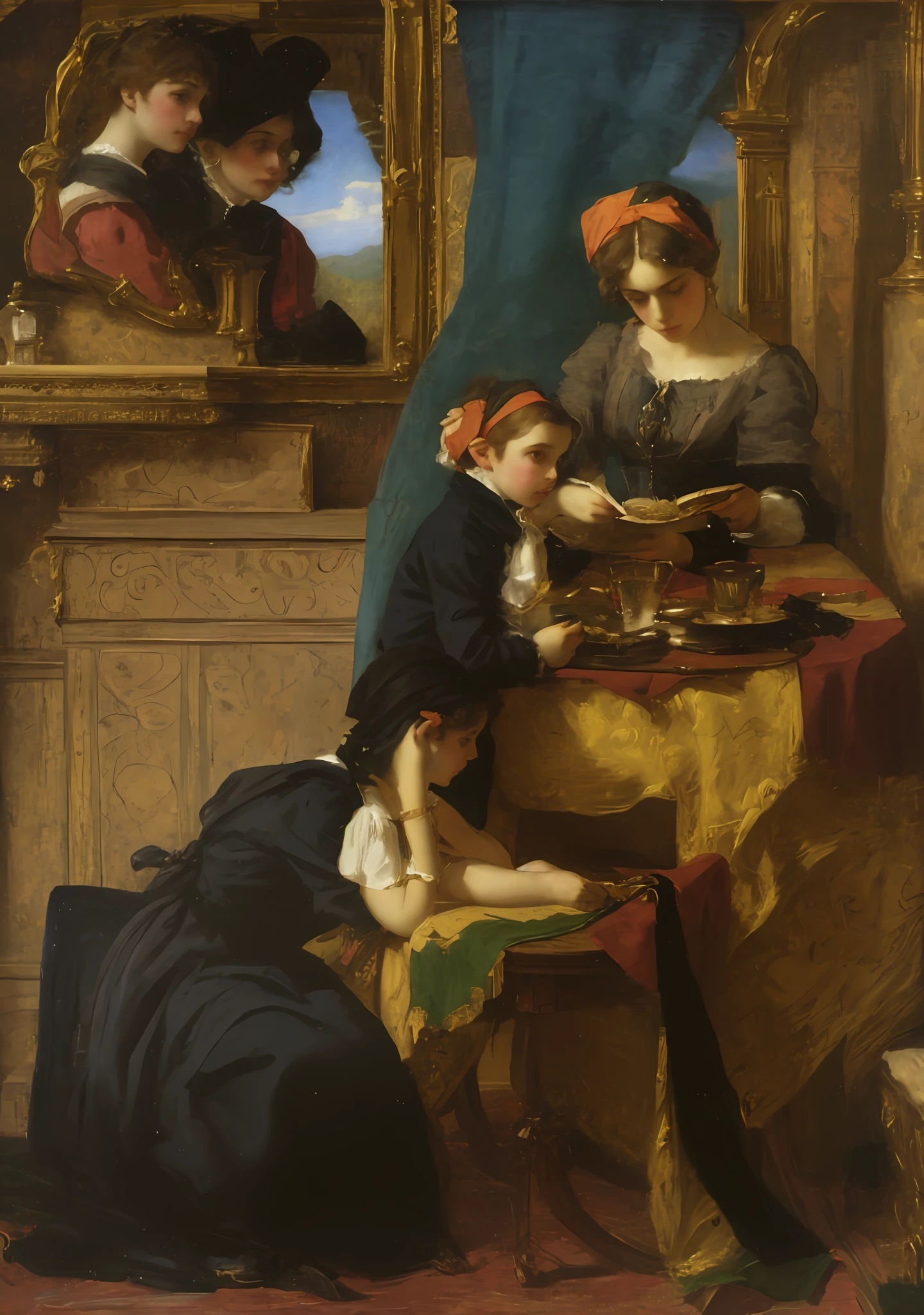 painting of a woman and  sitting at a table with a mirror, paul delaroche, in a high renaissance style, by Daniel Maclise, dominique ingres, in a renaissance style, inspired by Daniel Maclise, by Friedrich von Amerling, delaroche, inspired by Friedrich von Amerling, by Alexandre Cabanel, renaissance style