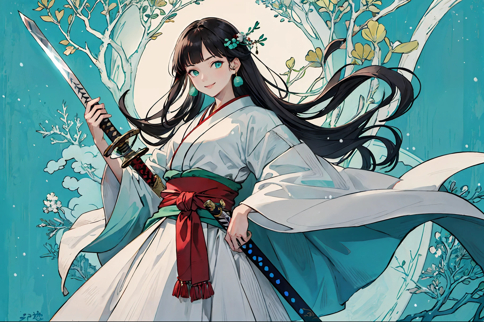 (Best quality at best),Oriental detailed background,shoun,white coats,ssmile,Cyan jade pendant with a red gourd hanging from the waist,One-handed sword,The body of the sword is snow-white,Need,tmasterpiece