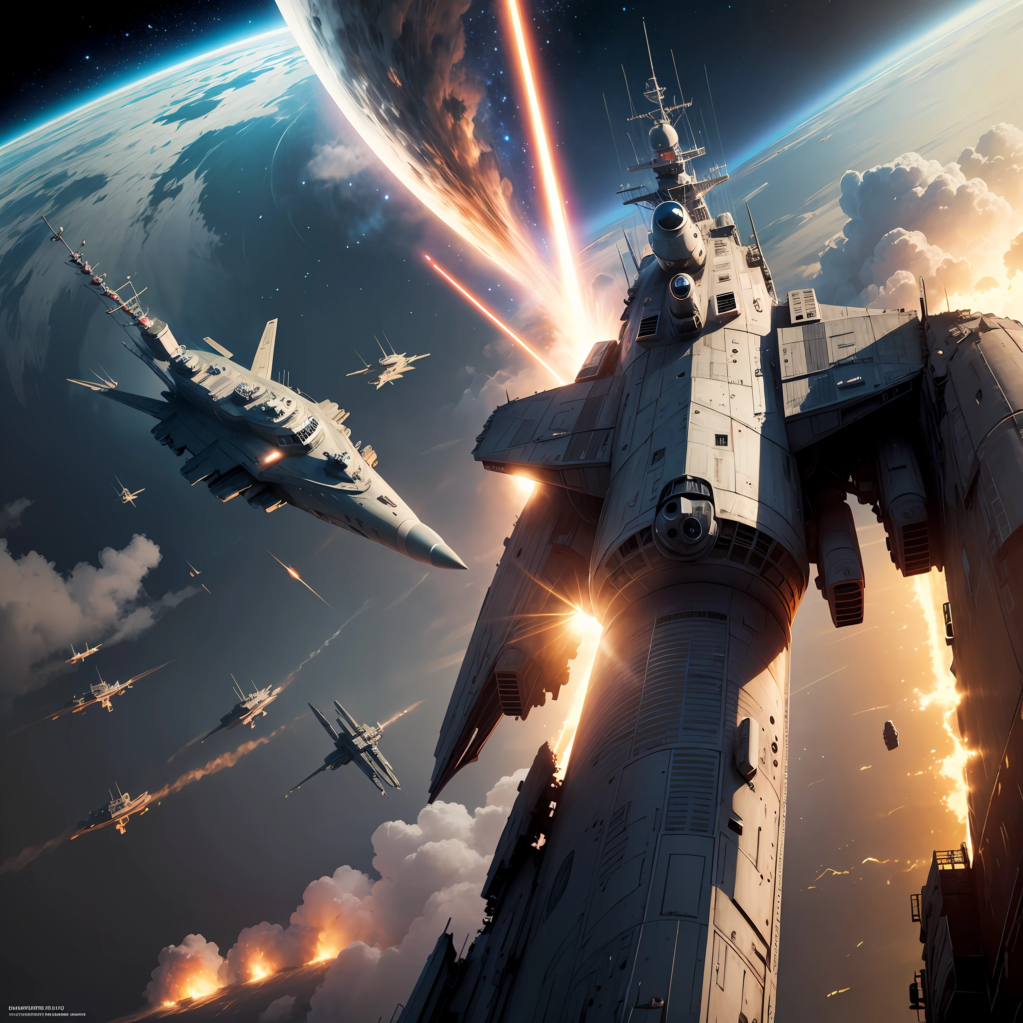 universes，Star Wars，Space strategic cruiser，War of the century，Laser machine gun bombardment，In the distance, many warships were damaged --auto