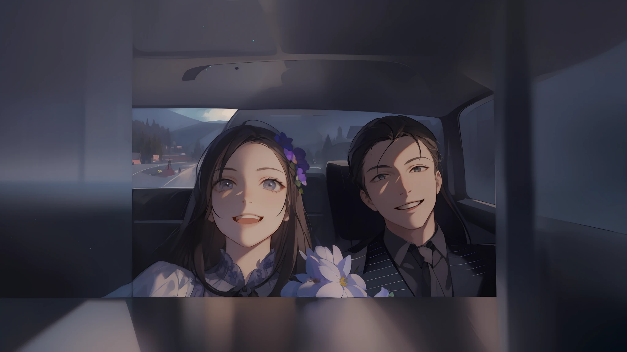 masterpiece, best quality, 2others, couple, 1man with 1woman, Height difference, happy, love, smile, flower-filled landscape