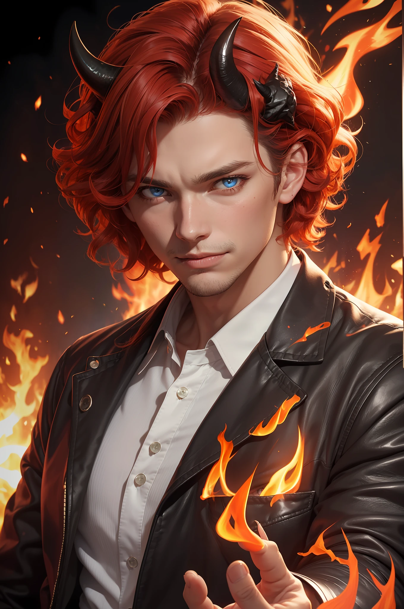 3/4 Portrait of a man, 25-year old, fit, curly red hair, blue eyes, white shirt, black jacket, flames bursting out outstretched hand, surrounded by flames, (seductive expression), (slight smile), (flames reflected in eyes), (hand reaching out towards viewer), (demon horns on head:1.3),photorealistic, high res, particle effects, raytracing