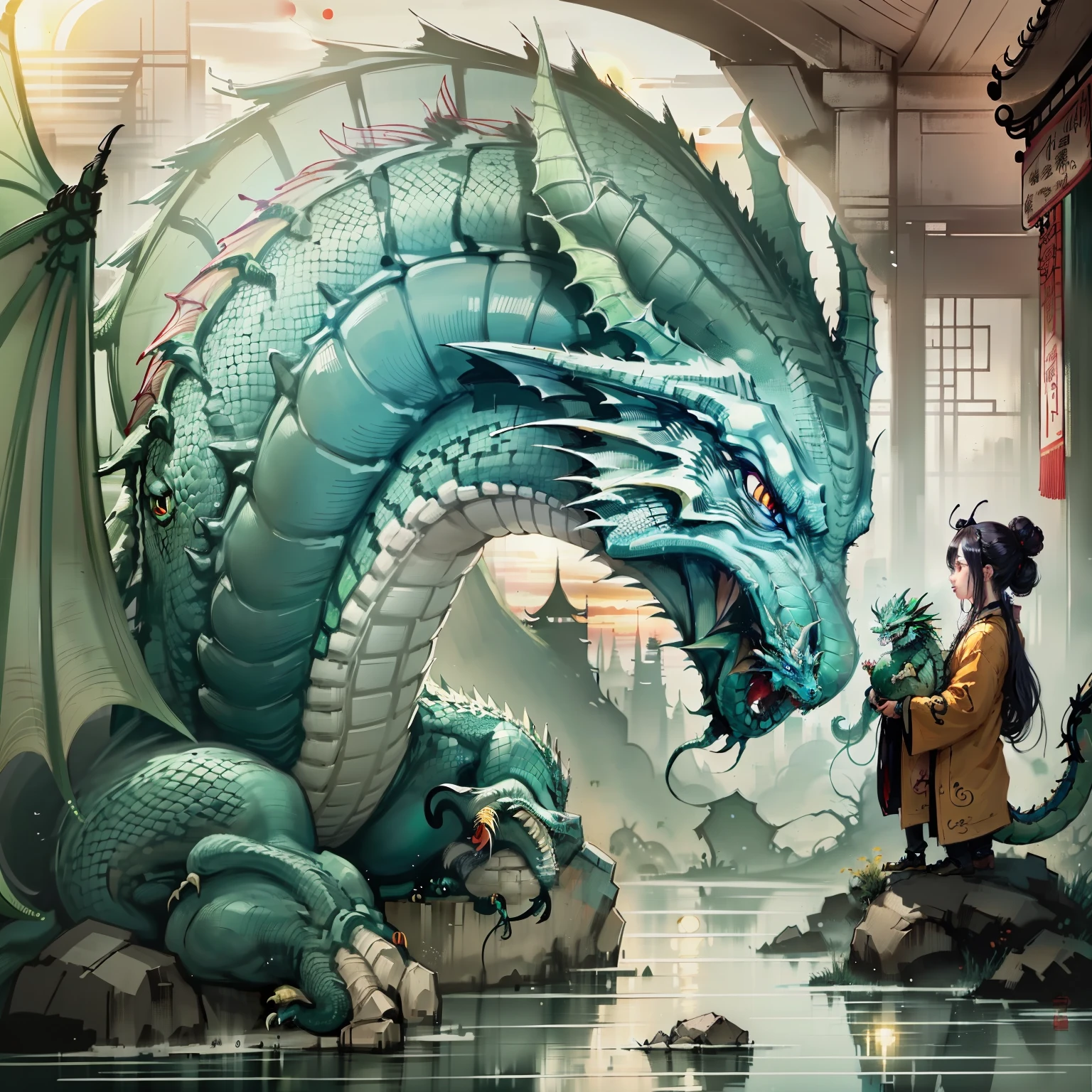 (chinese temple:1.2),(dragons:1.3),(green dragon:1.2,blue dragon:1.2),(red trees:1.1),(sunset:1.2),(atmospheric lighting:1.2)