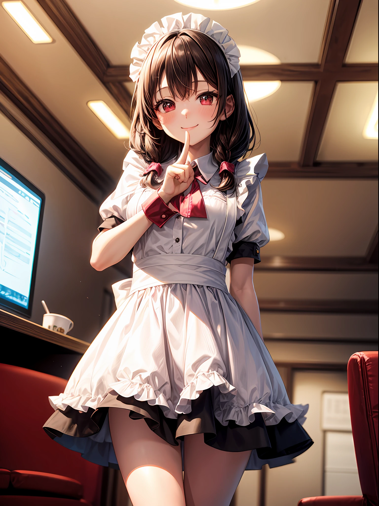 highest quality、1girl in,A dark-haired、Twin-tailed、Red Eyes、Red cheeks、Pink blush color under the eyes、a smile、winc:1.2、hugetits:1.1,Pink maid clothes:1.4、Open chest、Short skirt、beauty legs、Making a heart shape with your fingers:1.3、View here、Angle from below、natta、Dim lighting、empty of people、Maid Cafe、Standing in front of a desk、Background blur