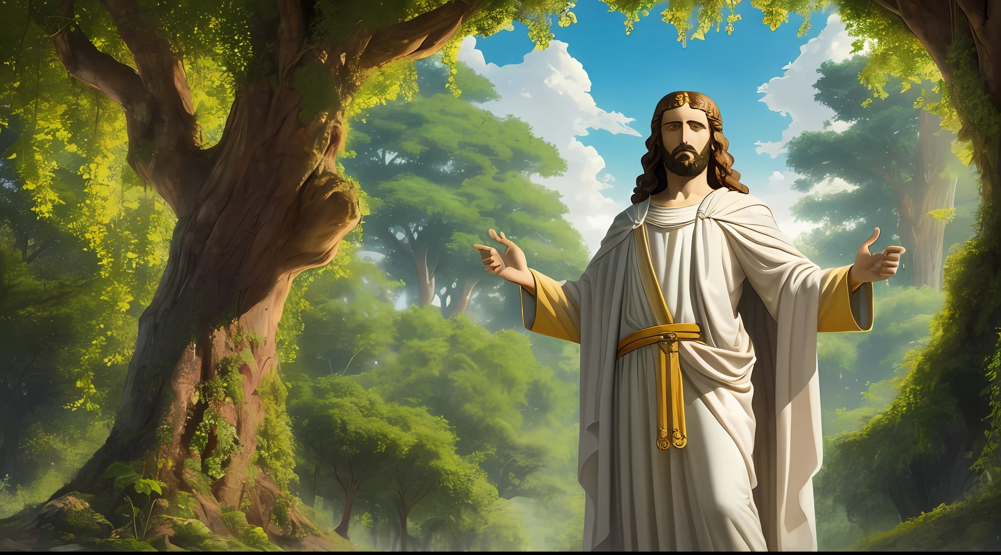 "Obra-prima realista em 8k com anatomia perfeita: Jesus Cristo, with an undeformed face, creation of the garden of Eden in the background, many trees plants ."