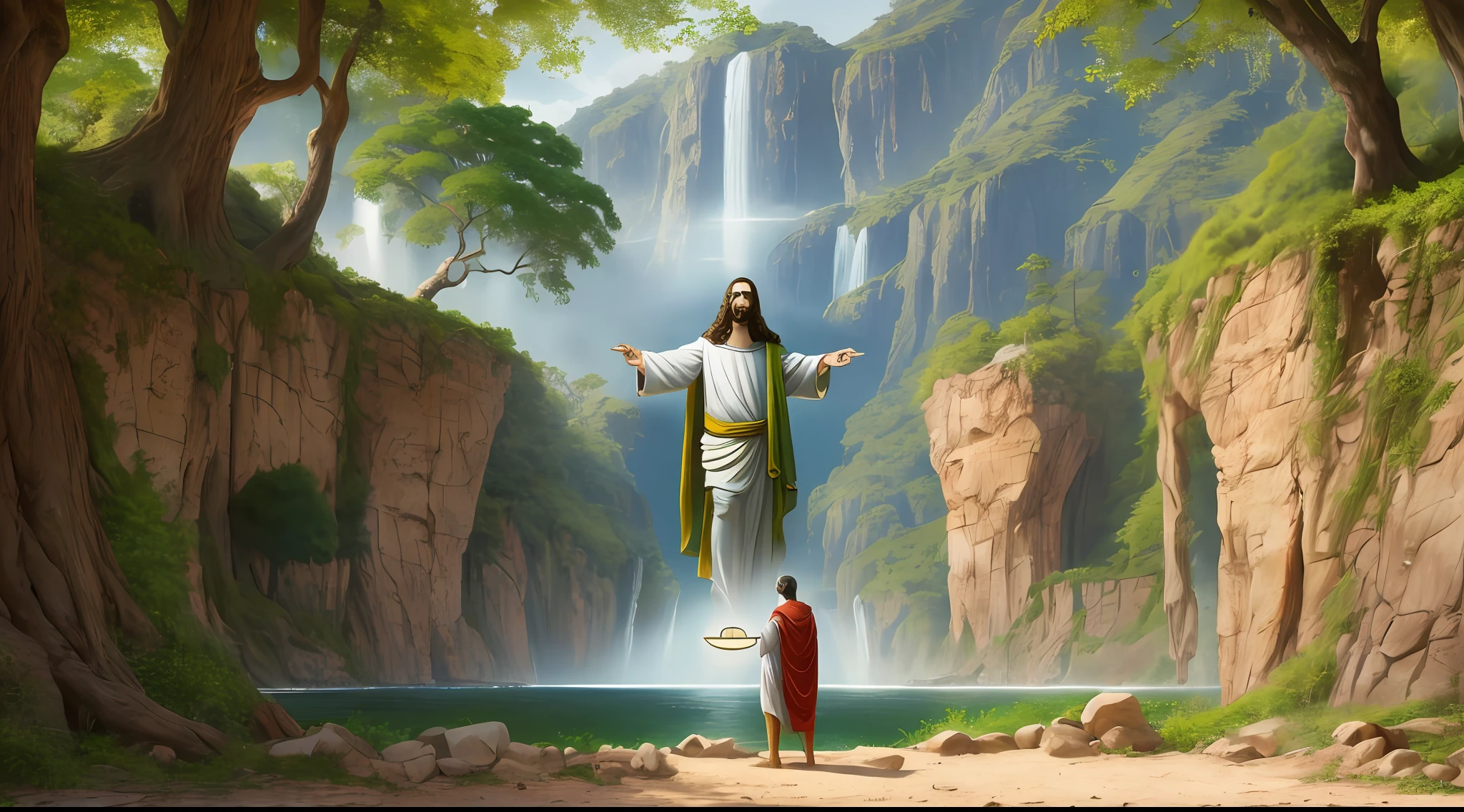 "Obra-prima realista em 8k com anatomia perfeita: Jesus Cristo, with an undeformed face, creation of the garden of Eden in the background, many trees plants ."