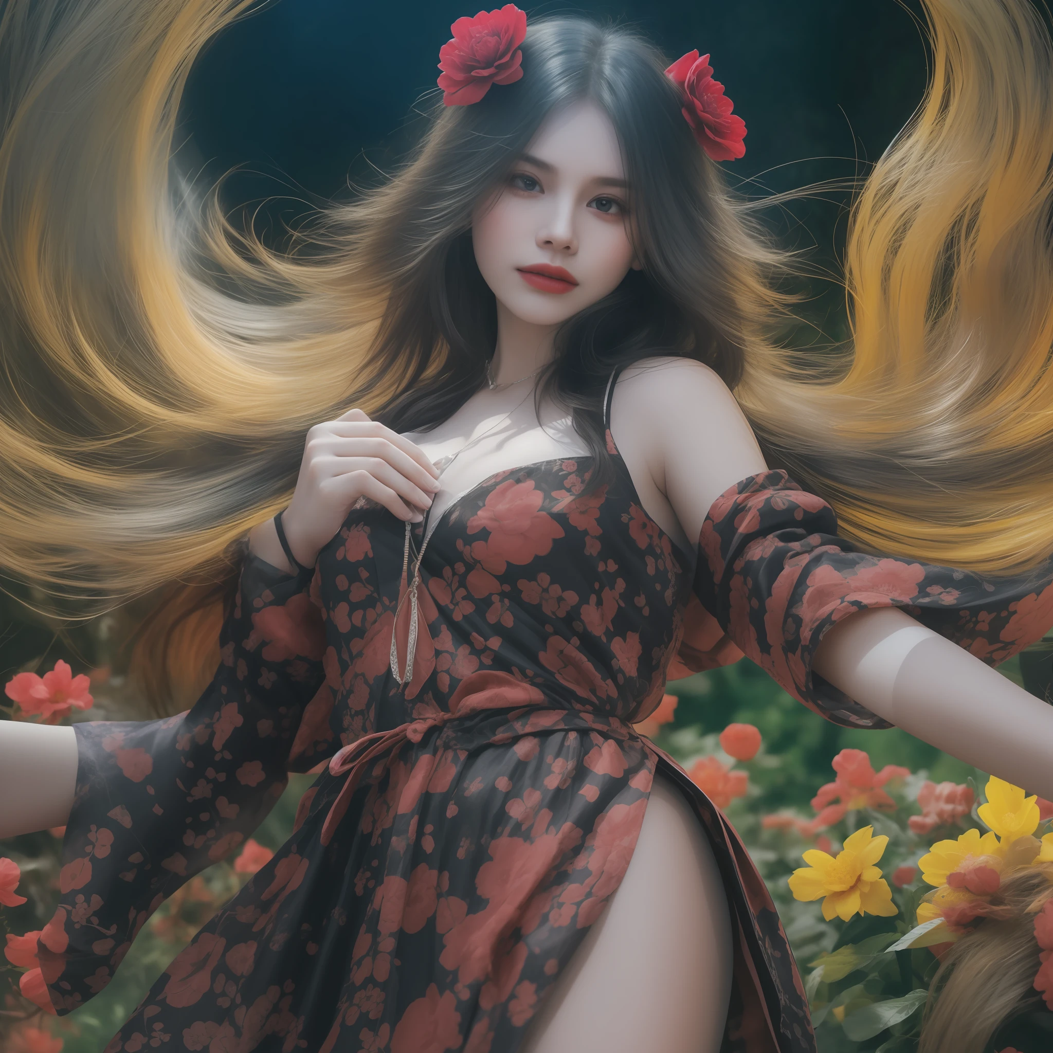 A powerful wizard, standing in a mystical forest. Their flowing robes adorned with symbols, arms outstretched, eyes sparkling with arcane energy. As their incantation escapes their lips, vibrant, swirling patterns of dark magic manifest in the air, pulsating with hues of reds and blues. Enchantment permeates, causing flowers to bloom, creatures to gaze in awe. Wisps of magic energy dance, revealing hidden realms, unlocking secrets. Capture the essence of this spellbinding moment, bringing the mystic power of the dark enchantment to life on the canvas with the highest quality and detail. Best quality, masterpiece, ultra high res, (photorealistic:1.4), raw photo, sharp focus, HDR, detailed skin.