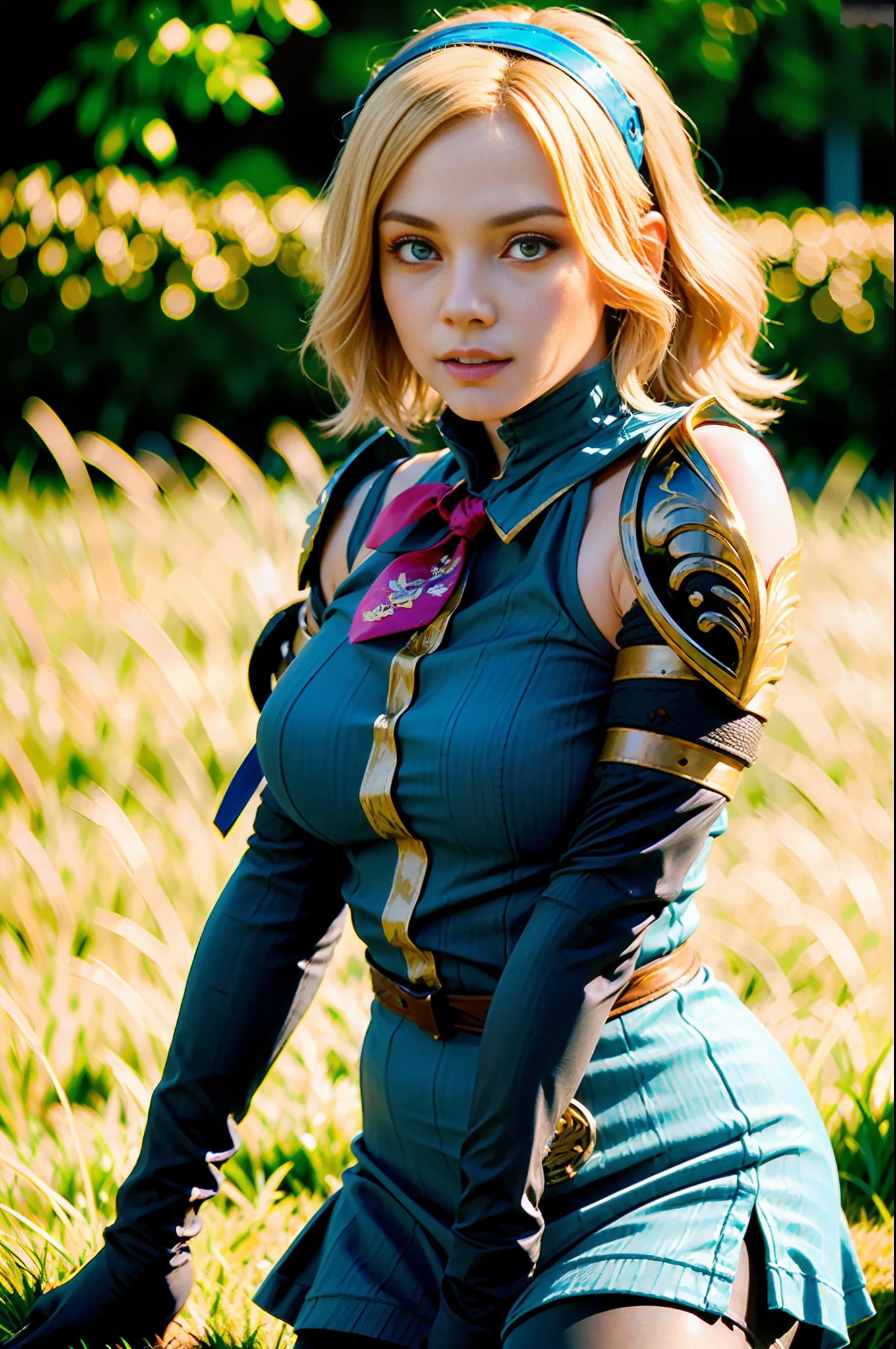 Cassandra Alexandra, (hairband, armor, necktie, pantyhose, elbow gloves, blonde hair:1.5), (blue dress:1.5), (green eyes:1.2), 1girl, seductive expression, sexy eyes, big breasts, smile, cute, looking at viewer, (breast focus:1.2), (realistic), (cowboy shot:1.2), (masterpiece:1.2), (best quality), (ultra detailed:1.5), (8k, 4k, intricate), (85mm), light particles, (highly detailed:1.2), (detailed face:1.2), (gradients), colorful, (detailed eyes:1.2), (in a green field:1.2) (detailed background), (dynamic angle:1.2), (dynamic pose:1.2), (rule of third_composition:1.3), (Line of action:1.2), daylight, solo.