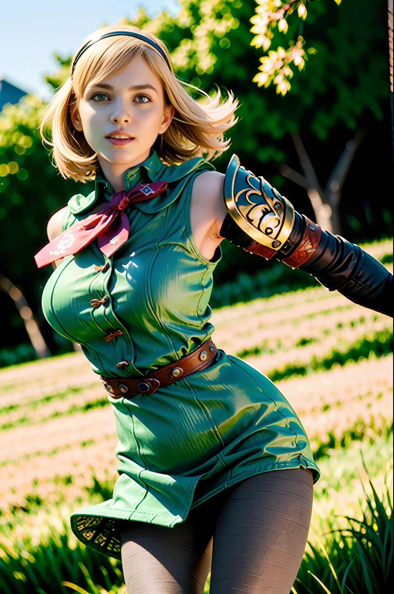 Cassandra Alexandra, (hairband, armor, necktie, pantyhose, elbow gloves, blonde hair:1.5), (blue dress:1.5), (green eyes:1.2), 1girl, seductive expression, sexy eyes, big breasts, smile, cute, looking at viewer, (breast focus:1.2), (realistic), (cowboy shot:1.2), (masterpiece:1.2), (best quality), (ultra detailed:1.5), (8k, 4k, intricate), (85mm), light particles, (highly detailed:1.2), (detailed face:1.2), (gradients), colorful, (detailed eyes:1.2), (in a green field:1.2) (detailed background), (dynamic angle:1.2), (dynamic pose:1.2), (rule of third_composition:1.3), (Line of action:1.2), daylight, solo.