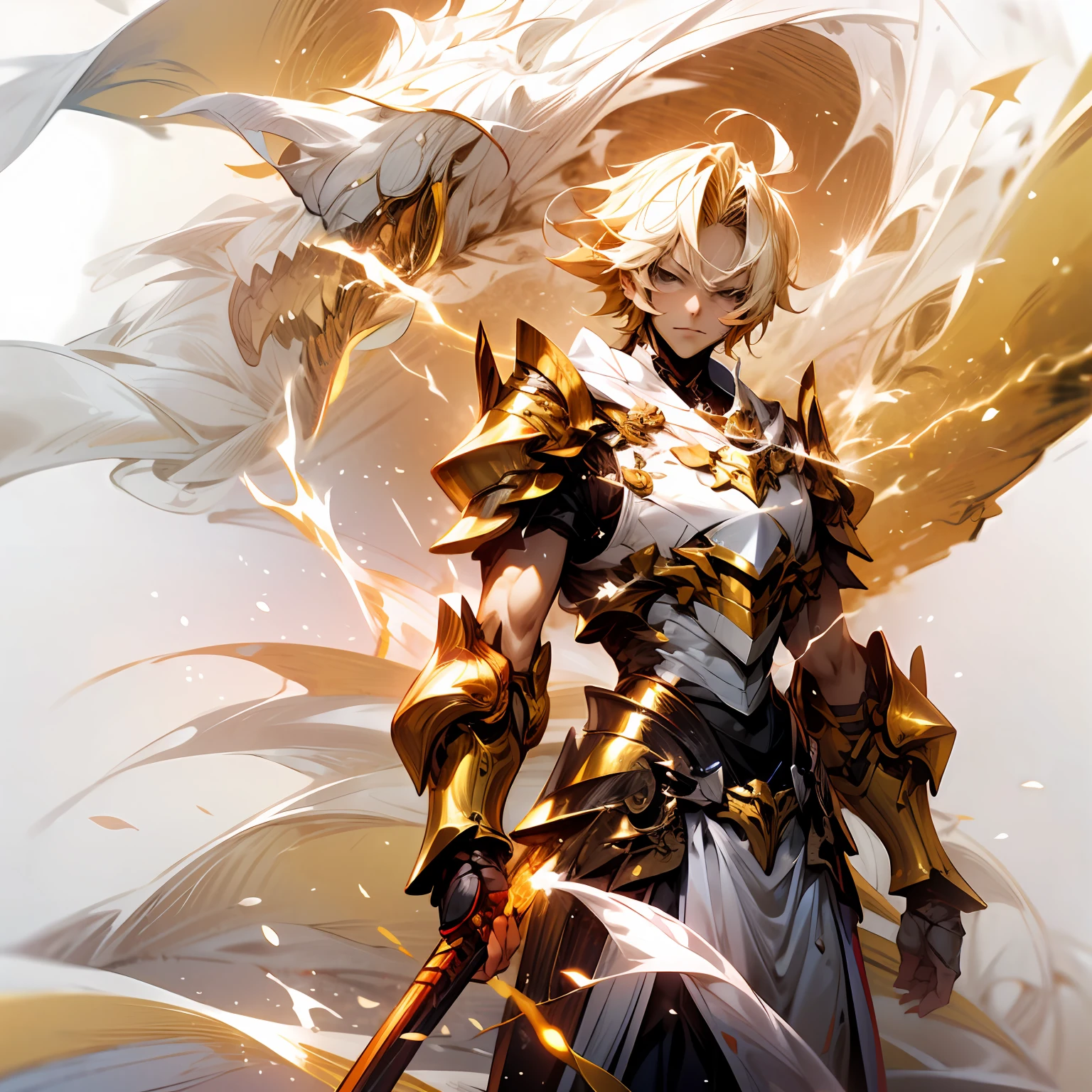 style of anime,a adult man,with short golden hair,Wearing armor,,Wearing an electric arc,Behind the air, a transparent thunderbolt dragon turned into lightning,Slender fingers,Such a delicate and perfect look,The white part of the armor was changed to a gorgeous white cloth。