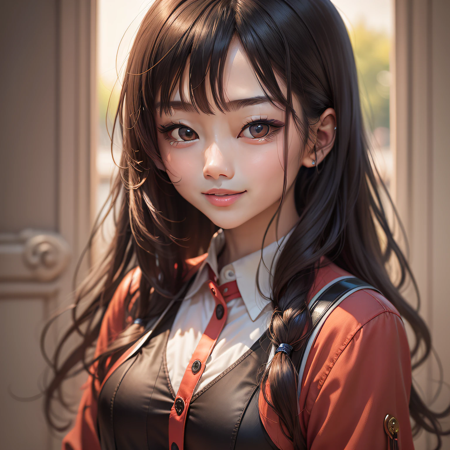 (tmasterpiece),ssmile, best qualtiy, 超高分辨率, Close-up of, Slim body, 1girll, 校服, length hair,