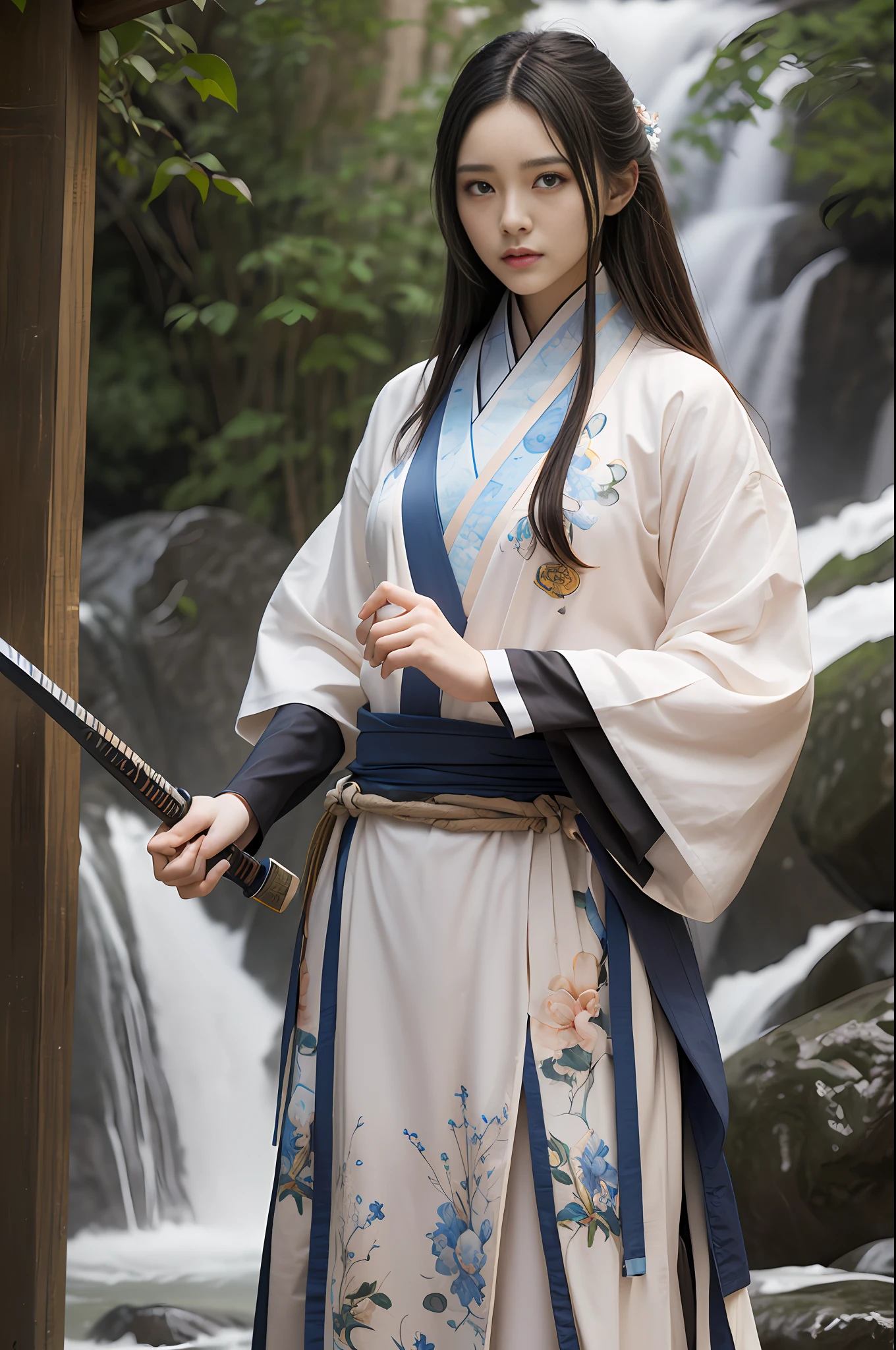 ((best quality:1.1+masterpiece:1.05)),(ultra-detailed:1.2)CG drawing printing Hanfu man(1man)Realistic posture holding a katana,(standing close to waterfall),Keep a close eye on the front。