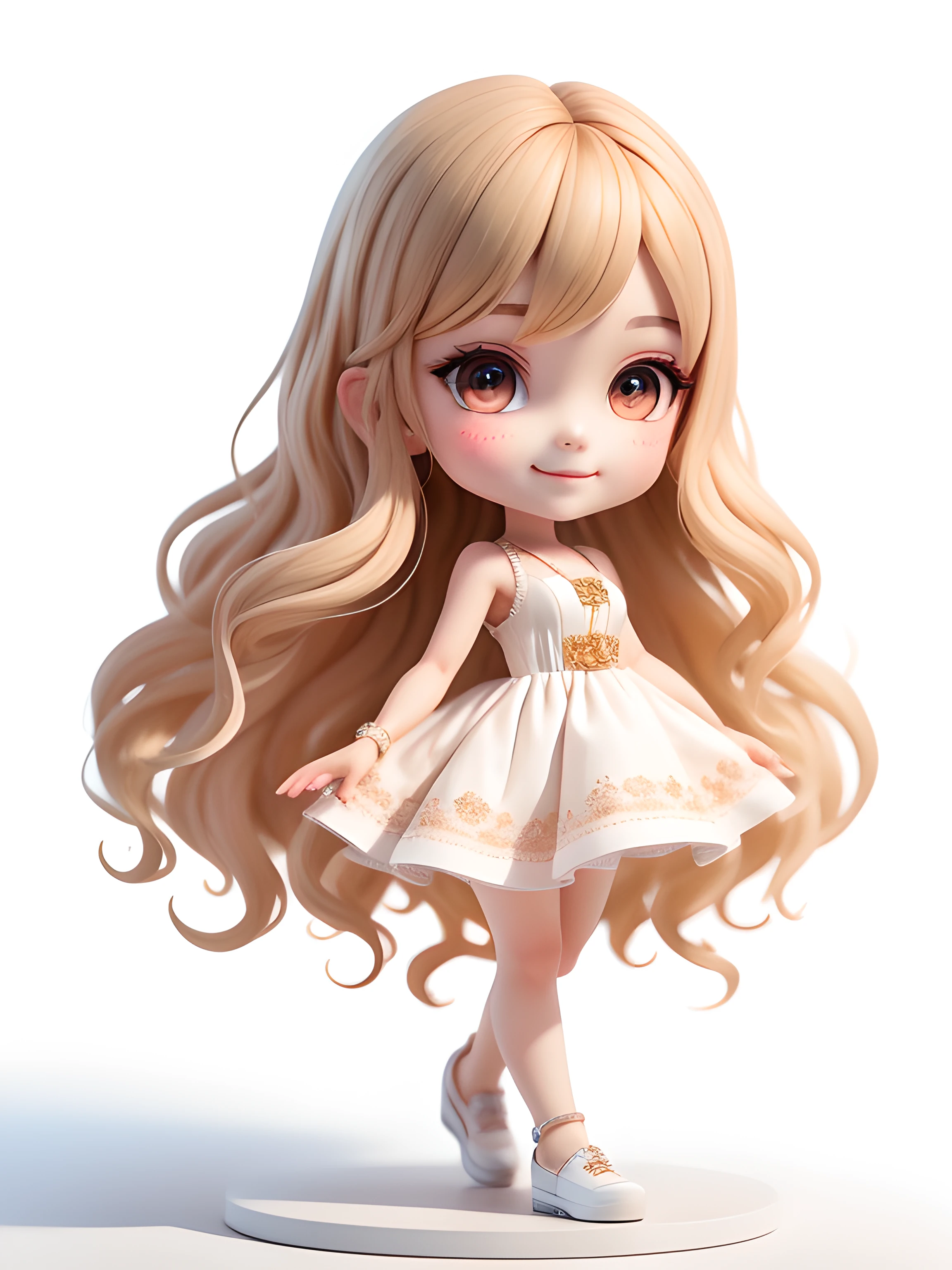 (tmasterpiece),(best qualtiy),(ultra detali),(full bodyesbian),(2.5 head-to-body ratio:1.2)tchibi,adolable,morningglow,White background,the front view,Bokeh,Supersaturation,Color contrast:1.1,hyper realisitc,number art,art stations,1girll,ssmile,Long brown wavy hair,with brown eye,White dress with ruffles,Exposed shoulder,Blushlush,(Beautiful detailed face),There are shoes for the feet,Set shoes,The character is in the middle of the full frame,