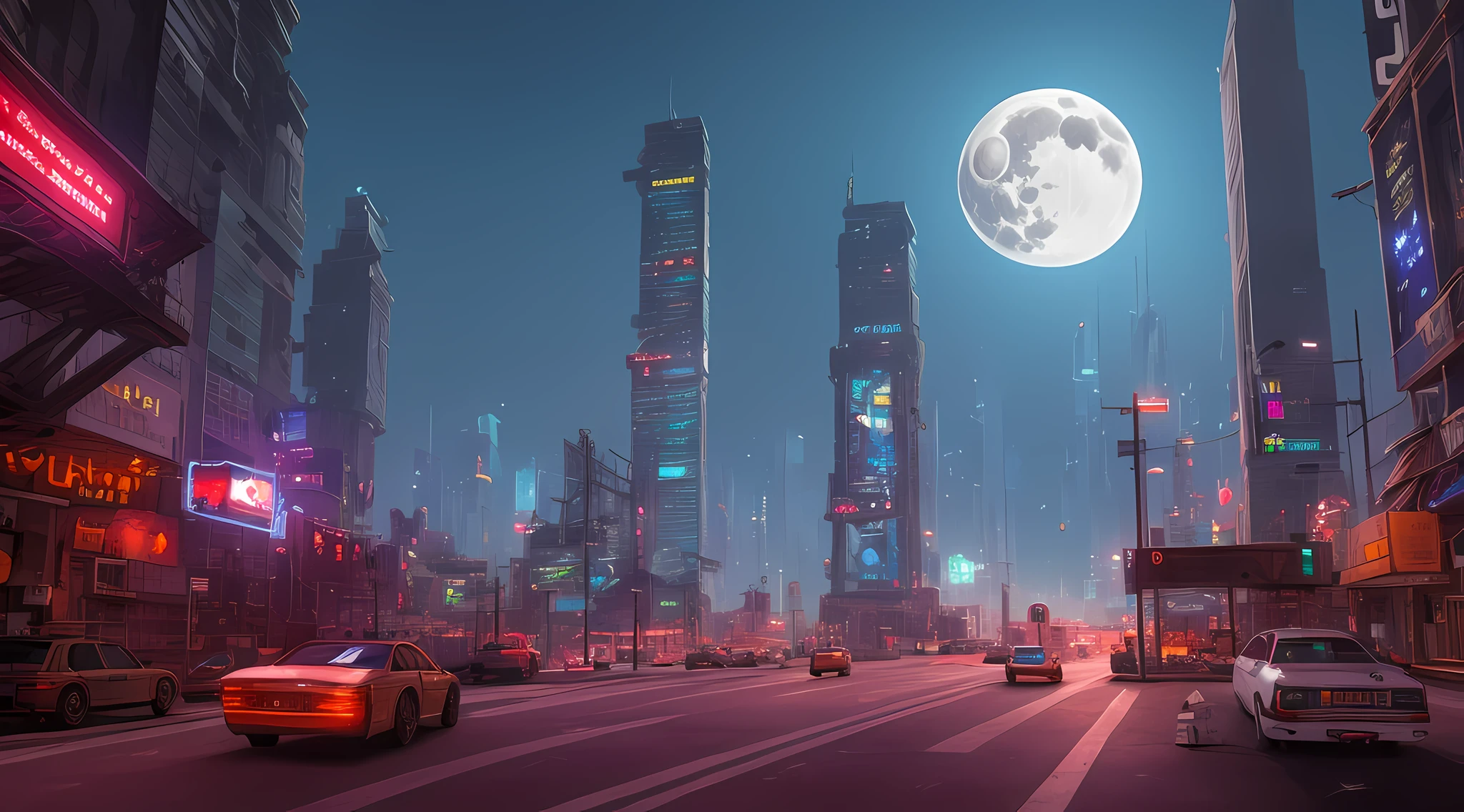 (highly detailed:1.2),(best quality:1.2),(8k:1.0),(emb-rrf-low:1.0),sharp focus,(award-winning photograph:1.2), (subsurface scattering:1.1), Futuristic cityscape with towering skyscrapers, neon-lit streets, flying cars, holographic billboards, and a full moon backdrop, by Robert Broomfield, 3D art, photorealistic, hyper-detailed, dystopian, trending on ArtStation, cinematic lighting, sci-fi, and fantasy.