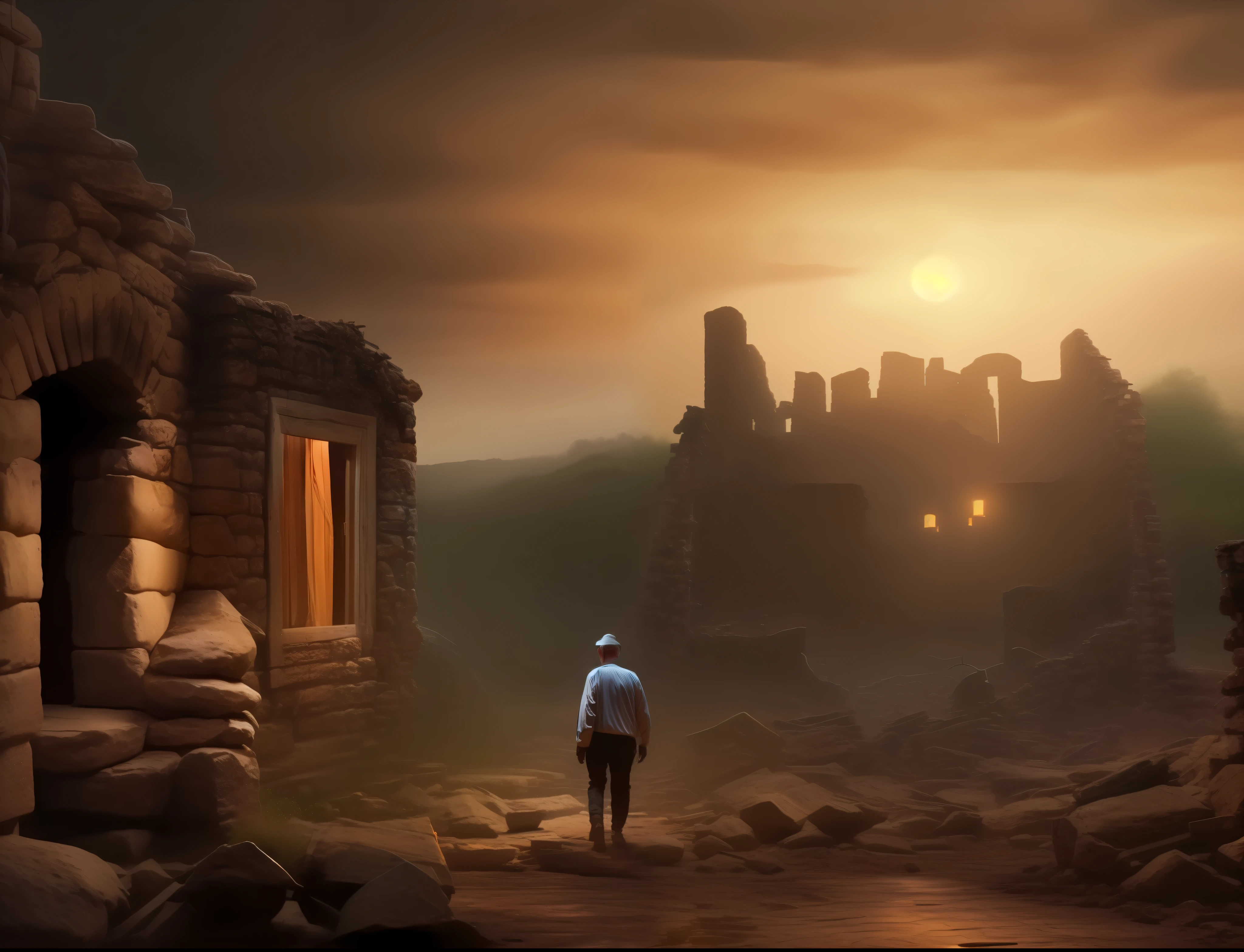 Elderly man exploring the ruins of a medieval village, noite escura e sombria, dark,  Surrealism, 8k, super detail, fantasy