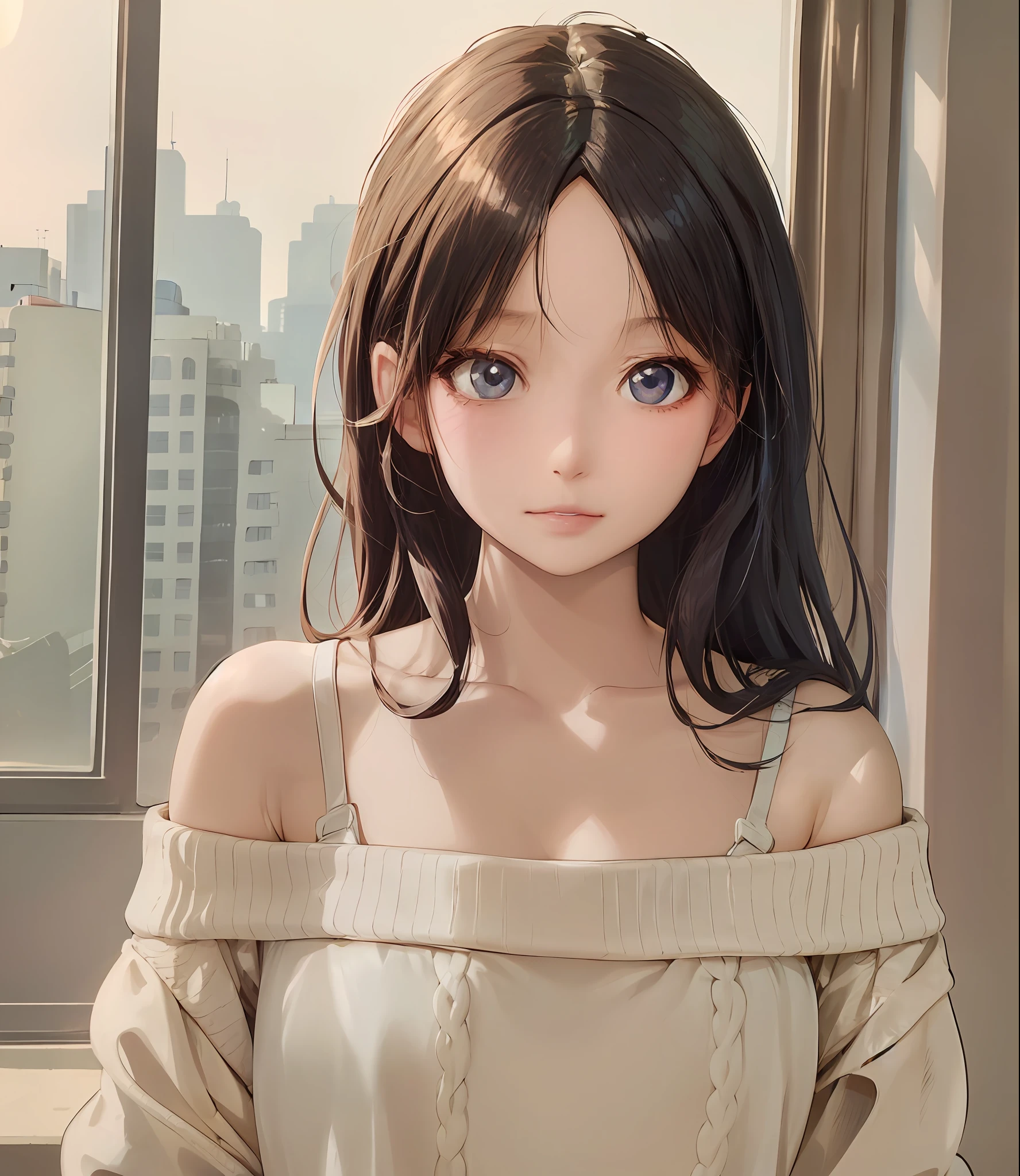 anime girl with long hair and a sweater looking out a window, beautiful anime girl, ilya kuvshinov. 4 k, portrait anime girl, attractive anime girl, anime style 4 k, beautiful anime portrait, beautiful anime woman, anime style. 8k, anime girl, ilya kuvshinov with long hair, seductive anime girl