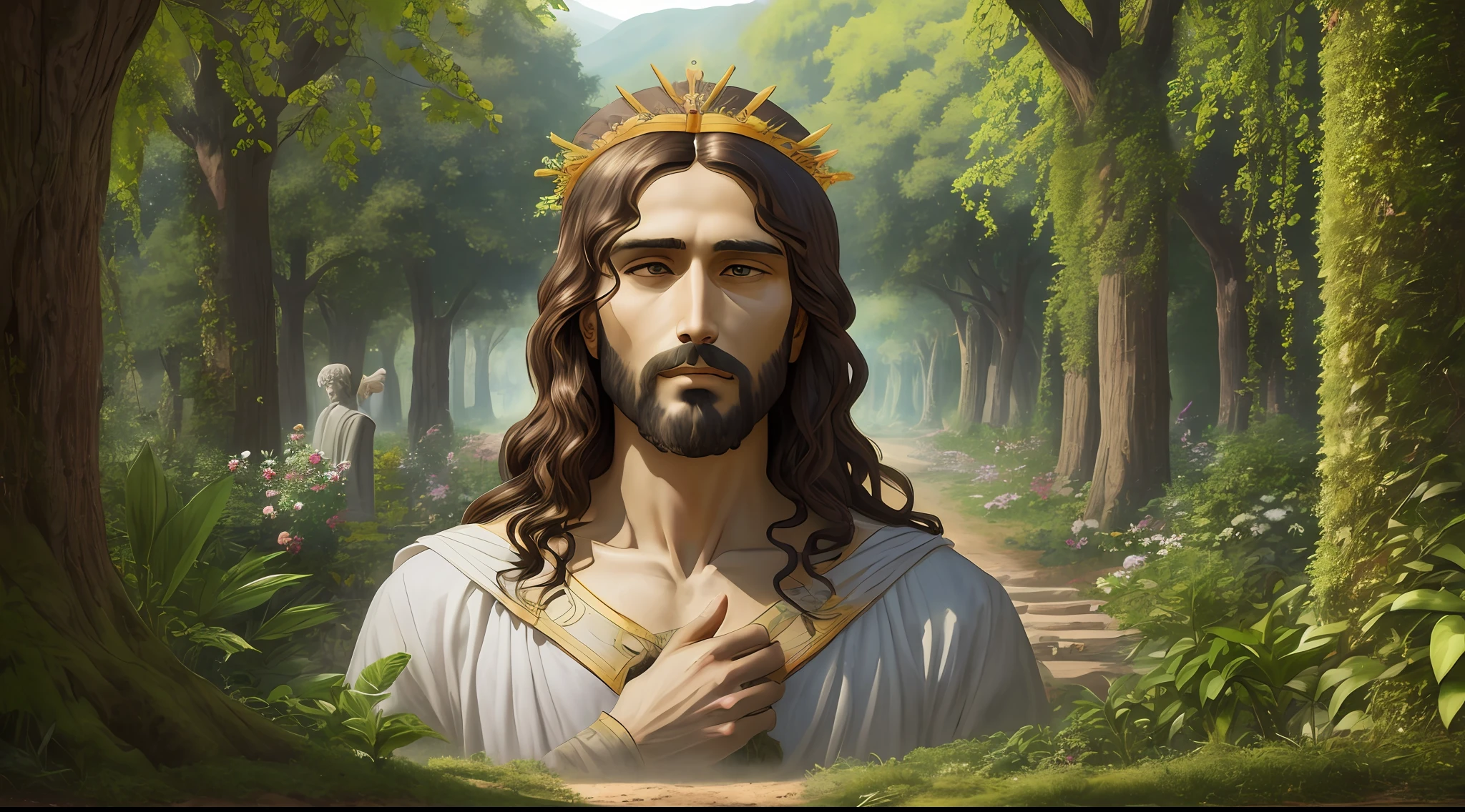 "Obra-prima realista em 8k com anatomia perfeita: Jesus Cristo, with an undeformed face, creation of the garden of Eden in the background, many trees plants ."