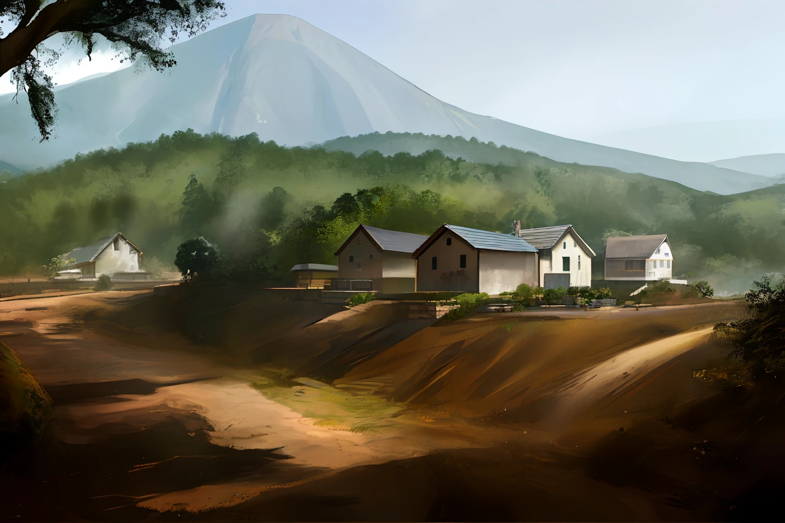 There is a dirt road in the countryside,Pile up earthen weirs,There is an oak tree on the weir,A large mountain north of the tree,Great mountain under the river,A path made of bluestone slabs,Three bungalows on the slope,There is a willow tree on the east side of the bungalow,