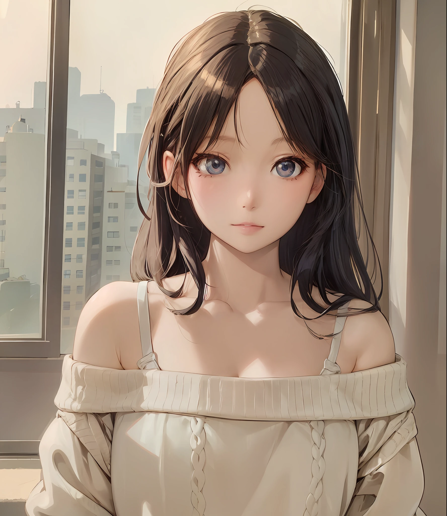 anime girl with long hair and a sweater looking out a window, beautiful anime girl, ilya kuvshinov. 4 k, portrait anime girl, attractive anime girl, anime style 4 k, beautiful anime portrait, beautiful anime woman, anime style. 8k, anime girl, ilya kuvshinov with long hair, seductive anime girl