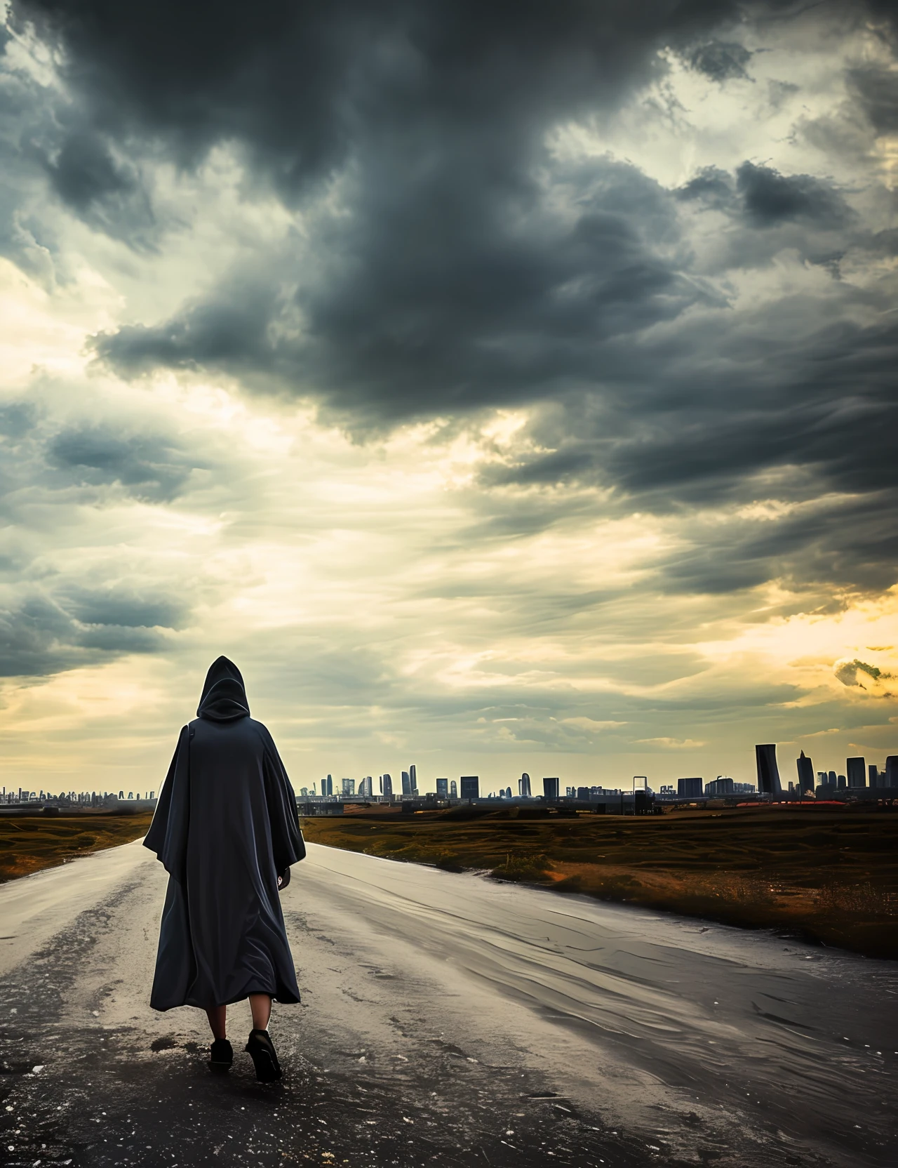 a desolate cityscape with a sole surviving girl as the protagonist walking on a destroyed motorway towards ruins of a massive post-apocalyptic city on the horizon, (dark shot:1.1), epic realistic, 1girl, wearing hooded robe, full body, (masterpiece, best quality, ultra-detailed, best shadow), full body, perfect anatomy, centered, dynamic, highly detailed, illustration, The sky is filled with ominous dark clouds, (hdr:1.4), (muted colors:1.2), cinematic, dramatic light, (intricate details:1.1), from behind, ultra wide angle